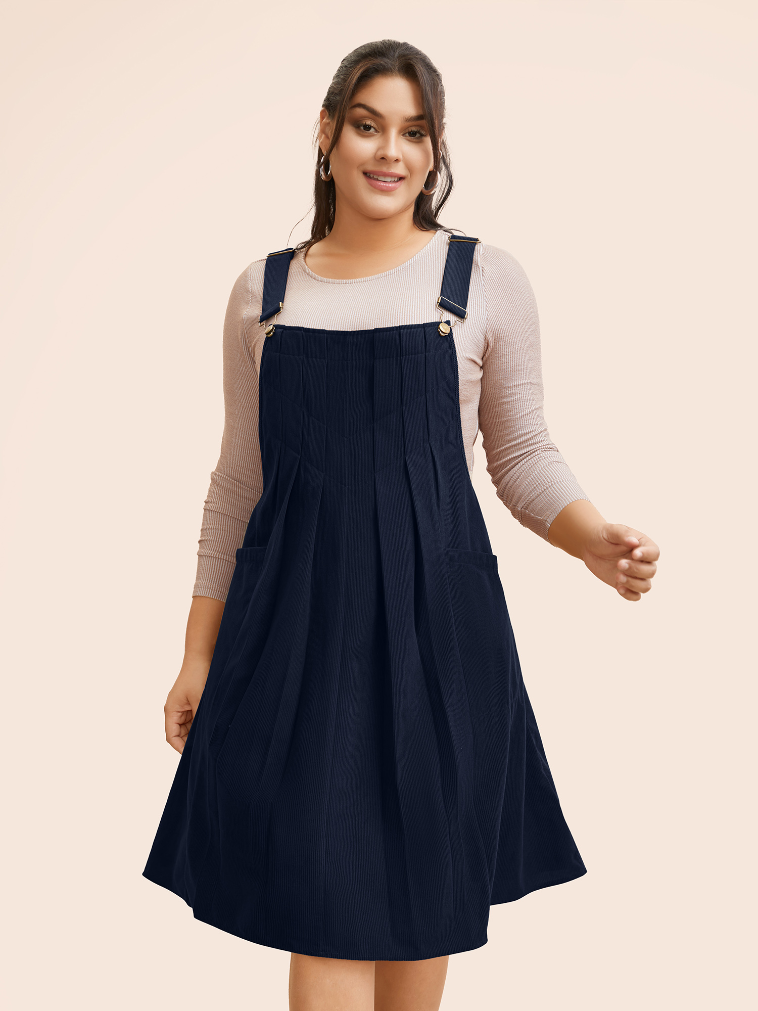 

Plus Size Solid Corduroy Pleated Overall Dress Navy Women Casual Texture Non Sleeveless Curvy BloomChic