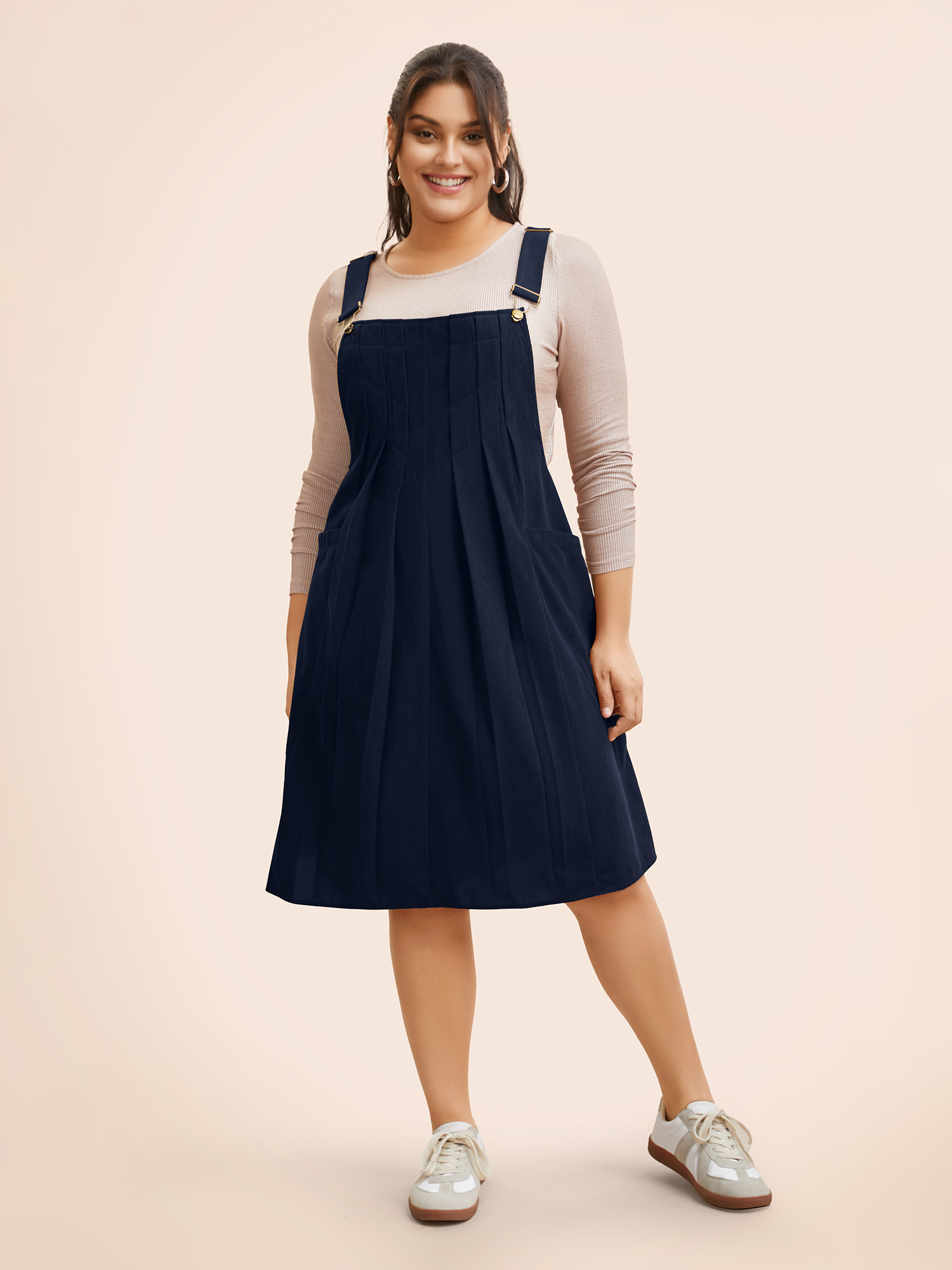 

Plus Size Solid Corduroy Pleated Overall Dress Navy Women Casual Texture Non Sleeveless Curvy BloomChic