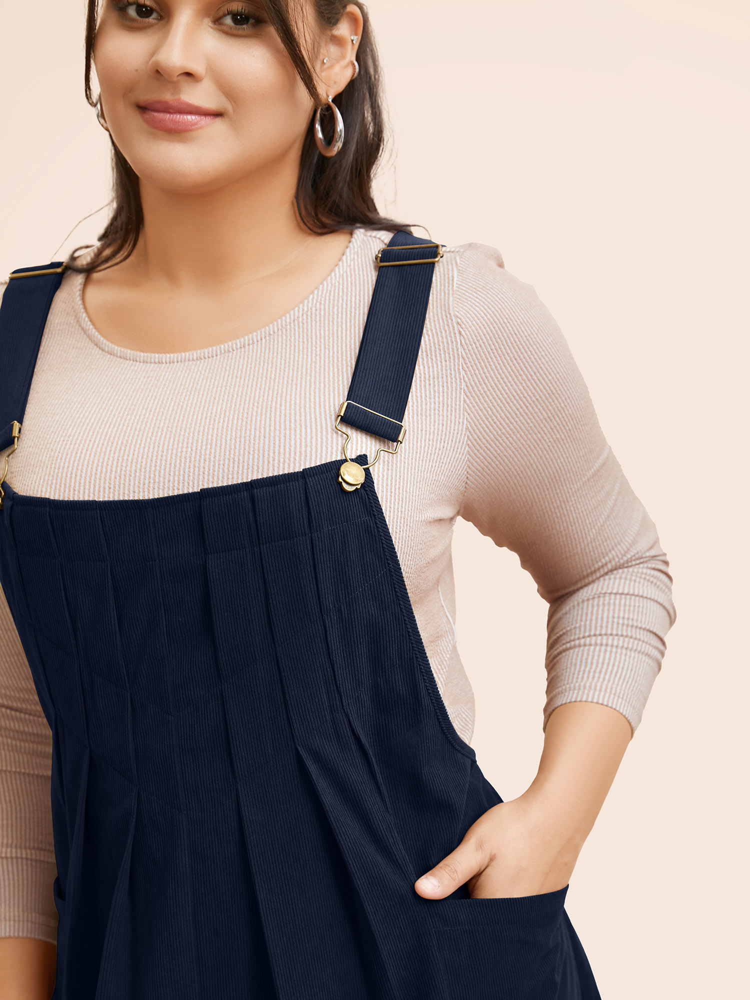 

Plus Size Solid Corduroy Pleated Overall Dress Navy Women Casual Texture Non Sleeveless Curvy BloomChic