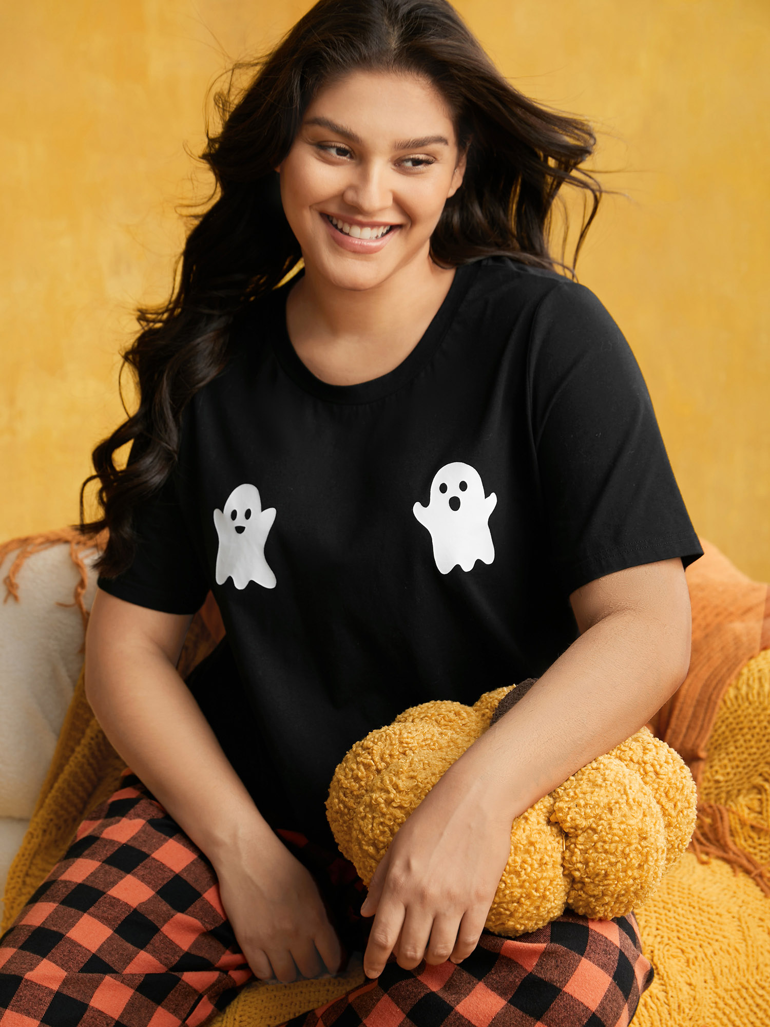 

Plus Size Cotton Ghost Printed Crew Neck Lounge Top Black Everyday Casual Halloween Short sleeve Round Neck  Bloomchic