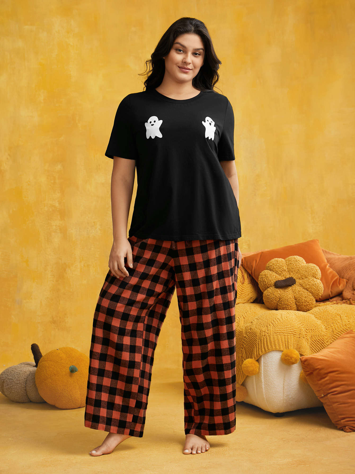 

Plus Size Cotton Ghost Printed Crew Neck Lounge Top Black Everyday Casual Halloween Short sleeve Round Neck  Bloomchic