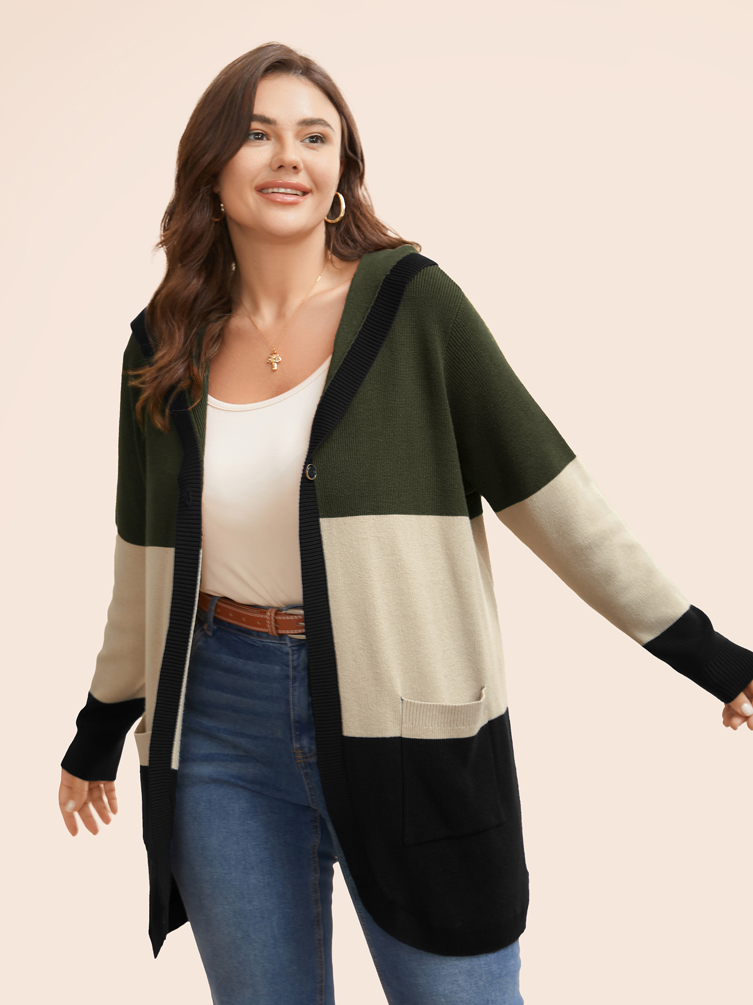 

Plus Size Colorblock Contrast Patched Pocket Hooded Cardigan ArmyGreen Women Casual Loose Long Sleeve Everyday Cardigans BloomChic