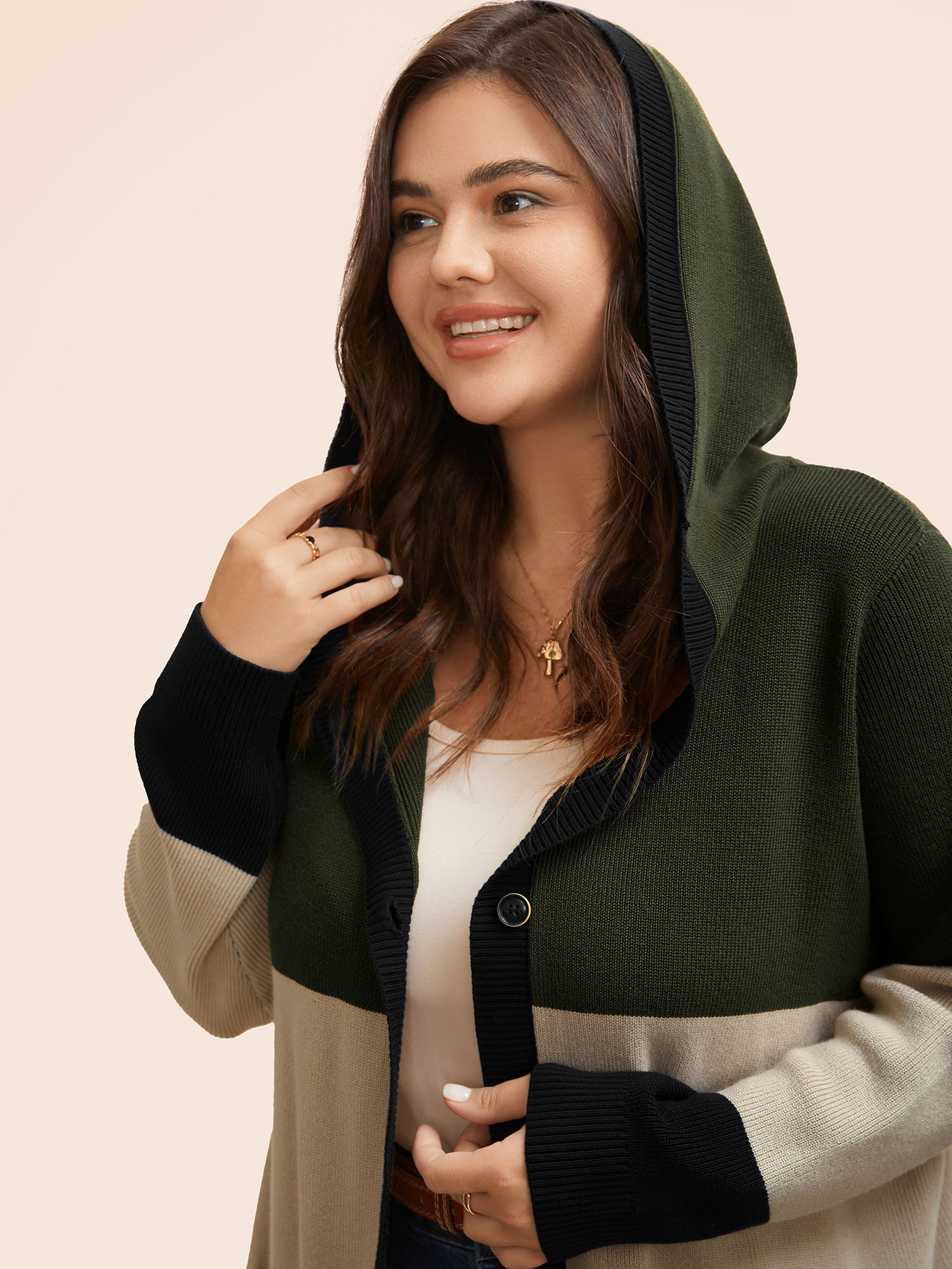 

Plus Size Colorblock Contrast Patched Pocket Hooded Cardigan ArmyGreen Women Casual Loose Long Sleeve Everyday Cardigans BloomChic