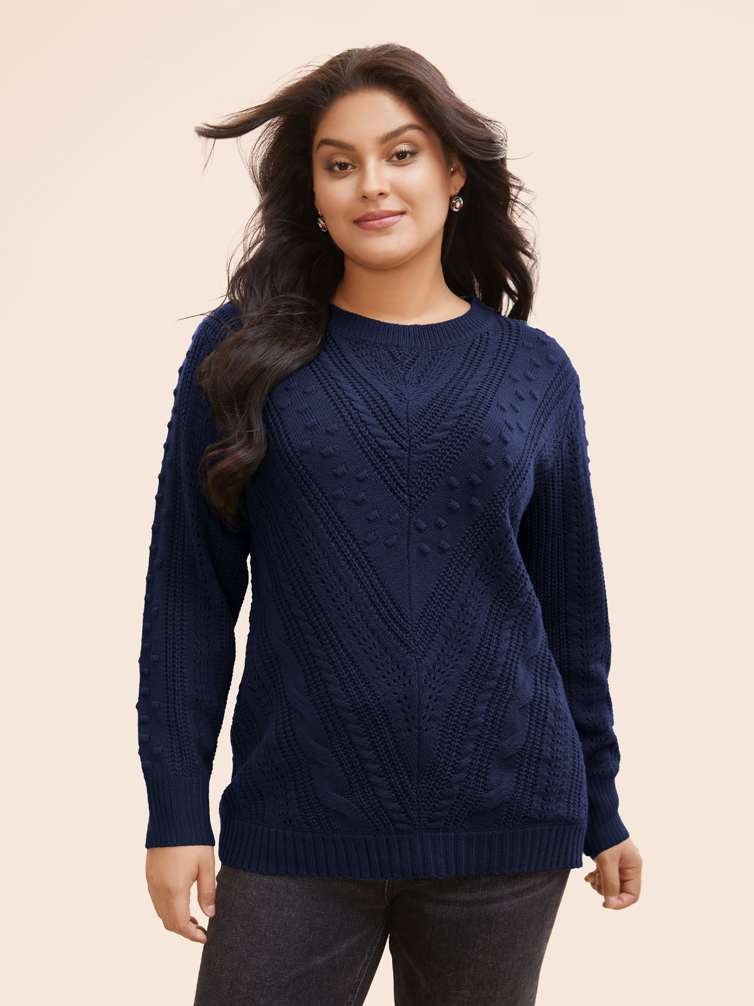 

Plus Size Solid Round Neck Cable Knit Pullover Indigo Women Casual Long Sleeve Round Neck Everyday Pullovers BloomChic