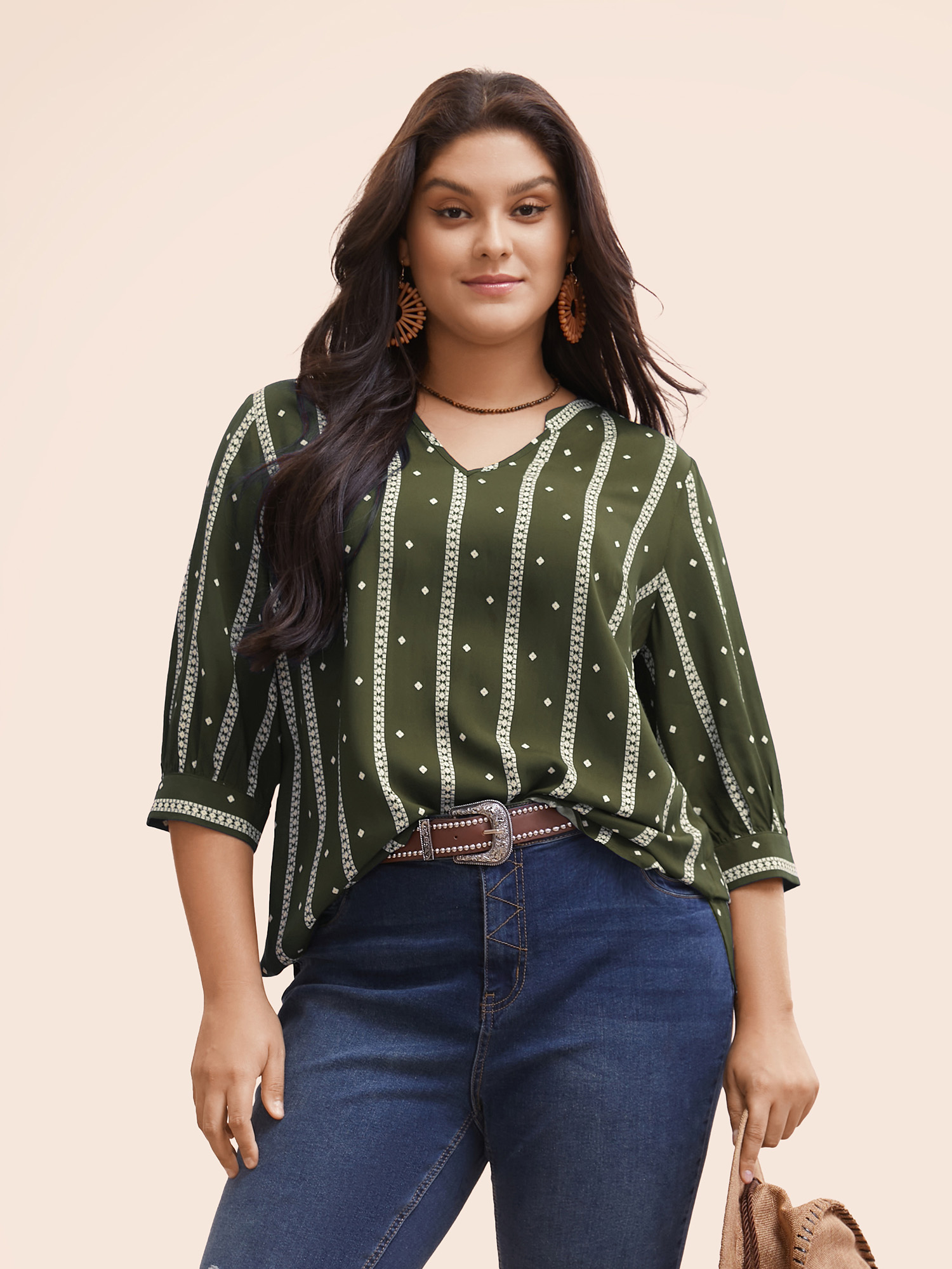 

Plus Size ArmyGreen Striped Geometric Notched Gathered Blouse Women Resort Elbow-length sleeve Notched collar Vacation Blouses BloomChic