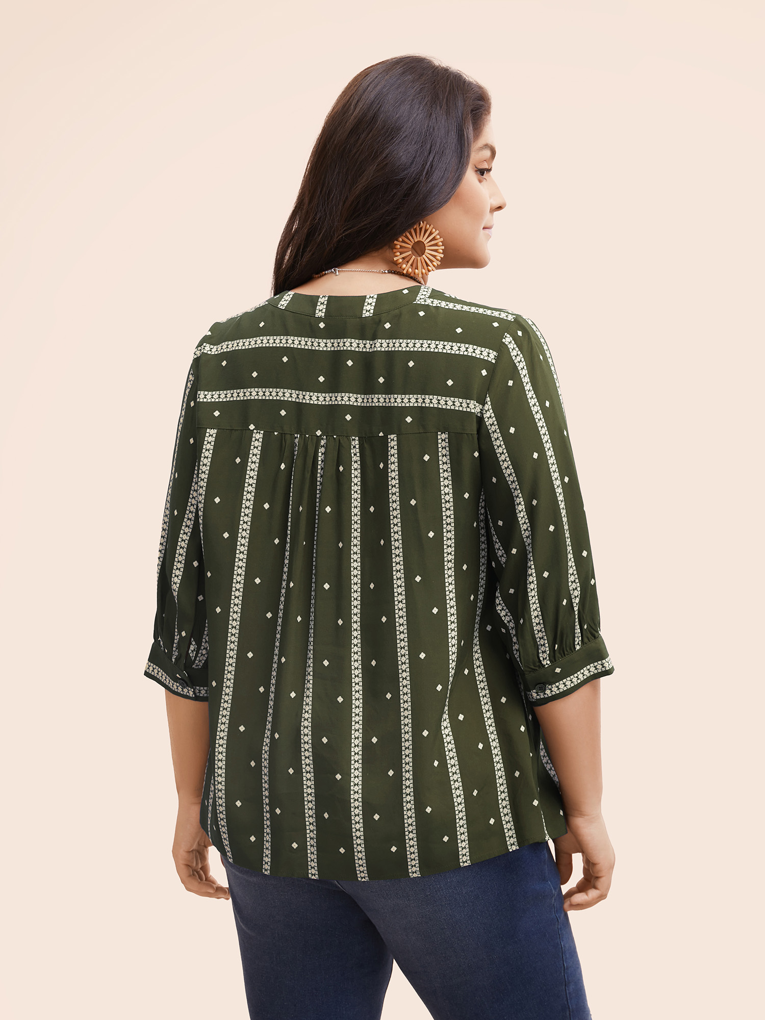 

Plus Size ArmyGreen Striped Geometric Notched Gathered Blouse Women Resort Elbow-length sleeve Notched collar Vacation Blouses BloomChic