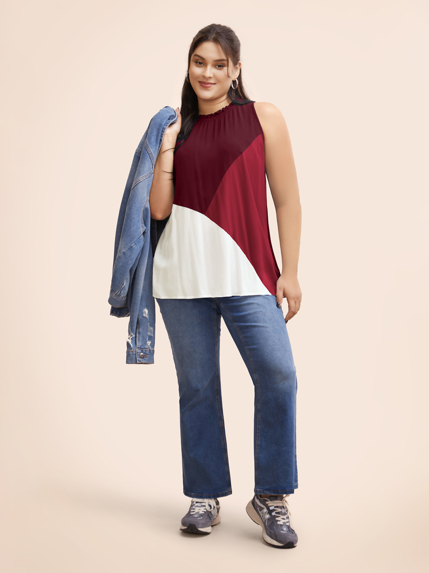 

Plus Size Colorblock Contrast Frill Trim Gathered Tank Top Women Burgundy Casual Contrast Mock Neck Everyday Tank Tops Camis BloomChic