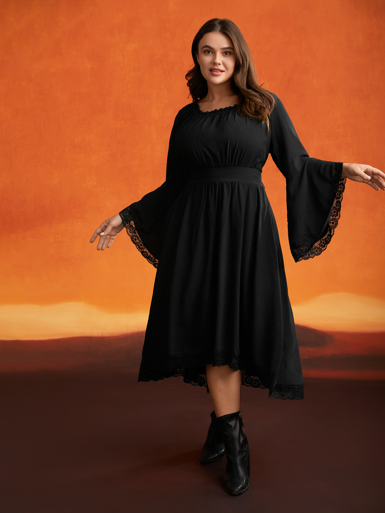 

Plus Size Gothic Inspired Lotus Sleeves Midi Dress Black Women Cocktail Woven ribbon&lace trim Party Curvy Bloomchic