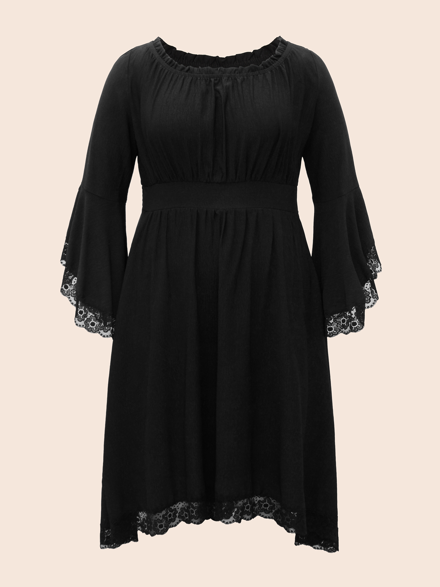 

Plus Size Gothic Inspired Lotus Sleeves Midi Dress Black Women Cocktail Woven ribbon&lace trim Party Curvy Bloomchic