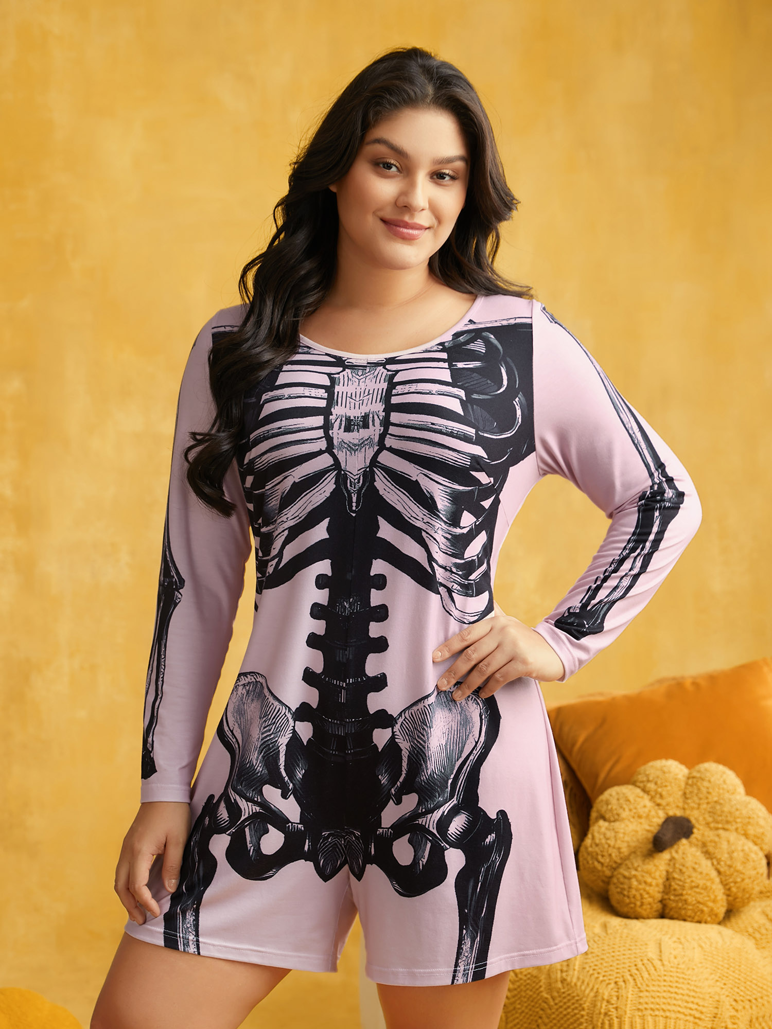 

Plus Size Skeleton Printed Straight Fit Mini Jumpsuit Lightpink Non Everyday Casual Sleep Jumpsuits/Rompers  Bloomchic