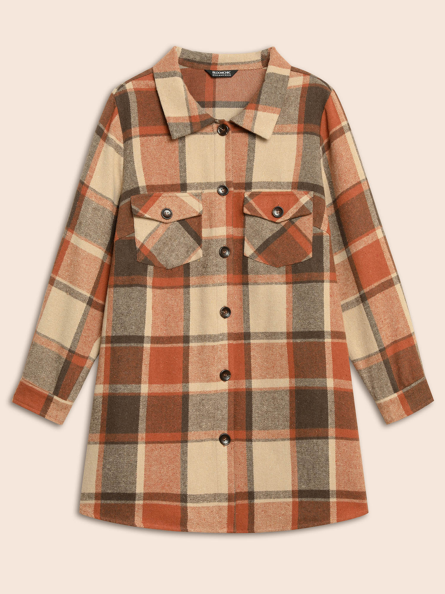 

Plus Size Plaid Chest Pockets Long Jacket Women Rust Button Loose Side seam pocket Everyday Jackets BloomChic