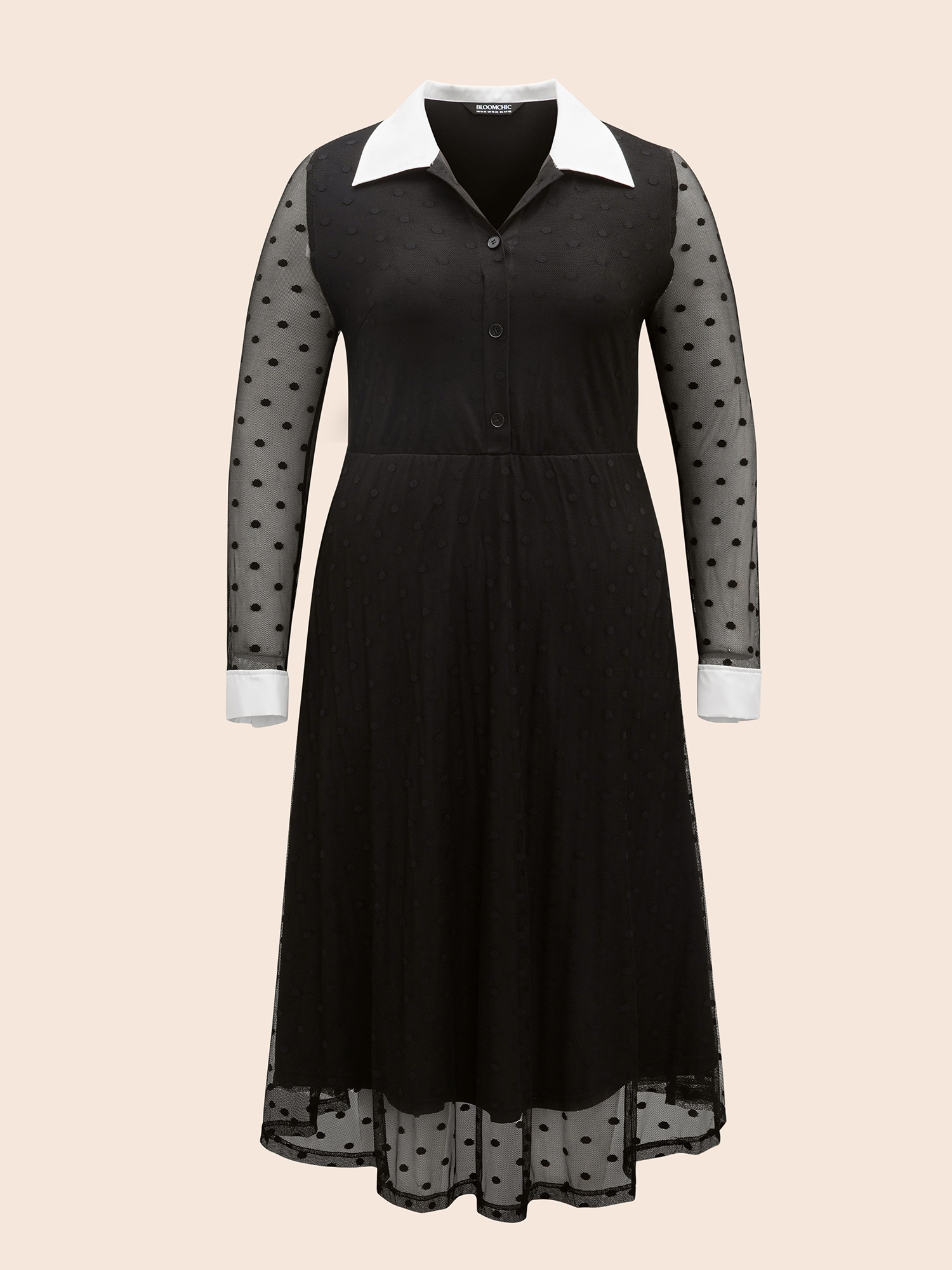 

Plus Size Vampire Polka Dot Waist-Cinching Midi Dress Black Women Cocktail Texture Shirt collar Long Sleeve Curvy BloomChic