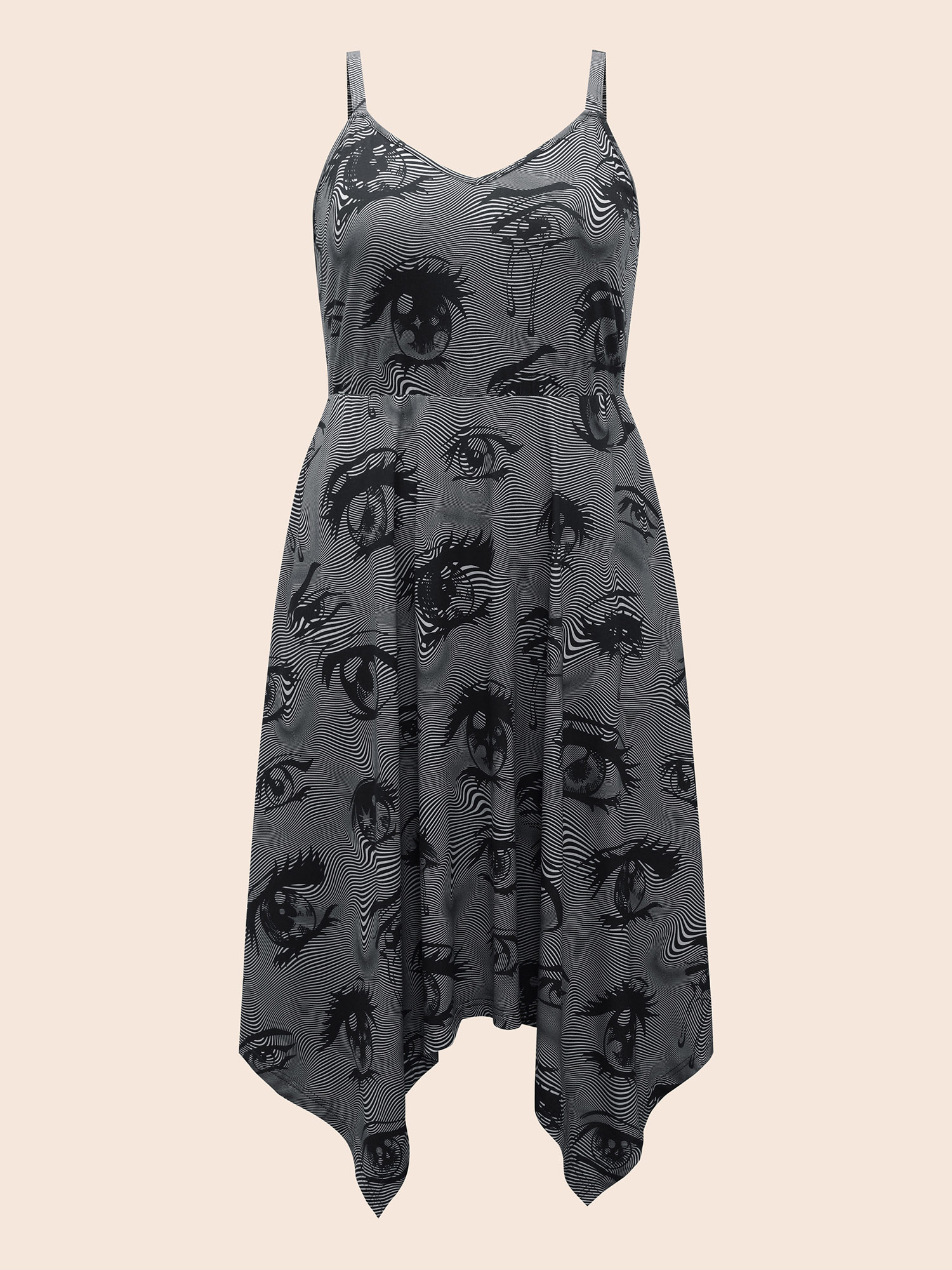 

Plus Size Spooky Eye Print Knit Cami Midi Dress Black Women Cocktail Asymmetrical Party Curvy Bloomchic