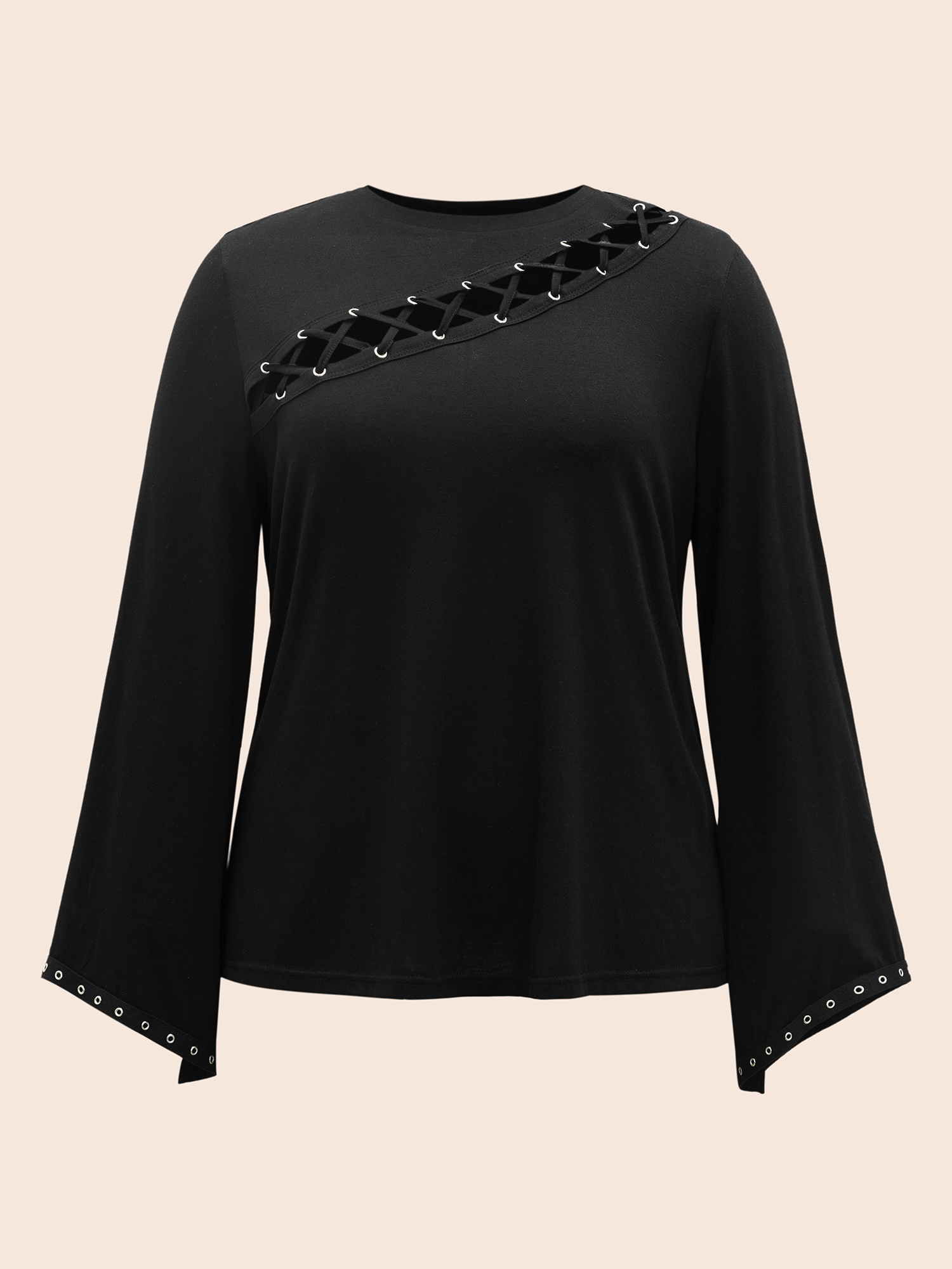 

Plus Size Peek-A-Boo Cut-Out Neckline T-shirt Black Women Elegant Eyelet Round Neck Everyday T-shirts BloomChic