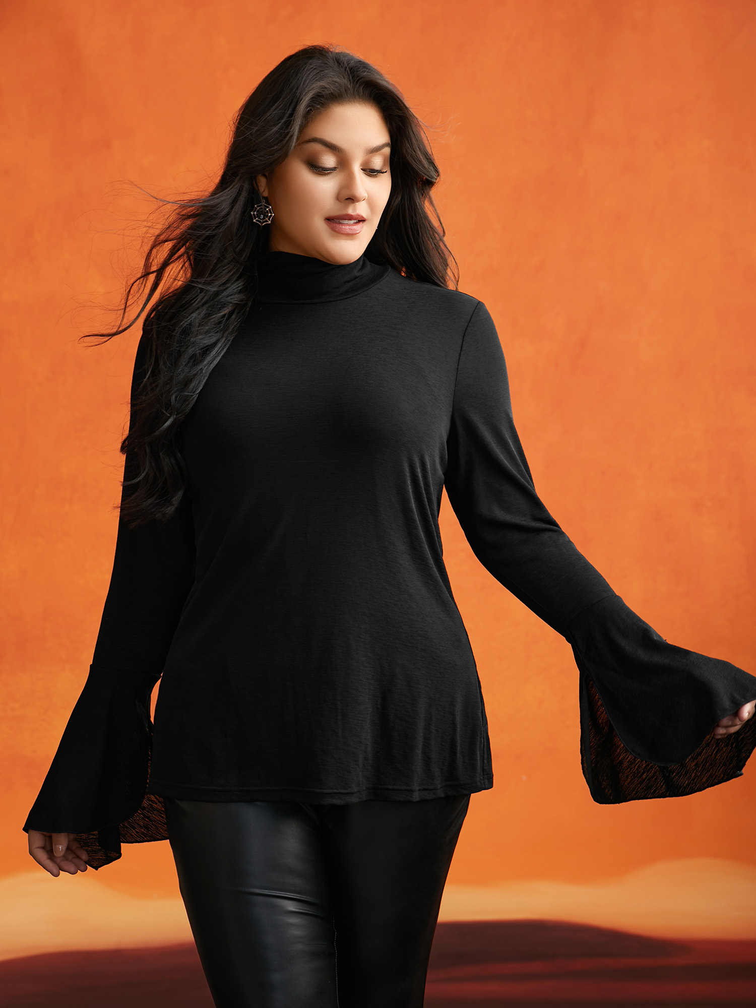 

Plus Size Bell Sleeves Turtleneck T-shirt Black Women Elegant Asymmetrical Turtleneck Bodycon Everyday T-shirts BloomChic