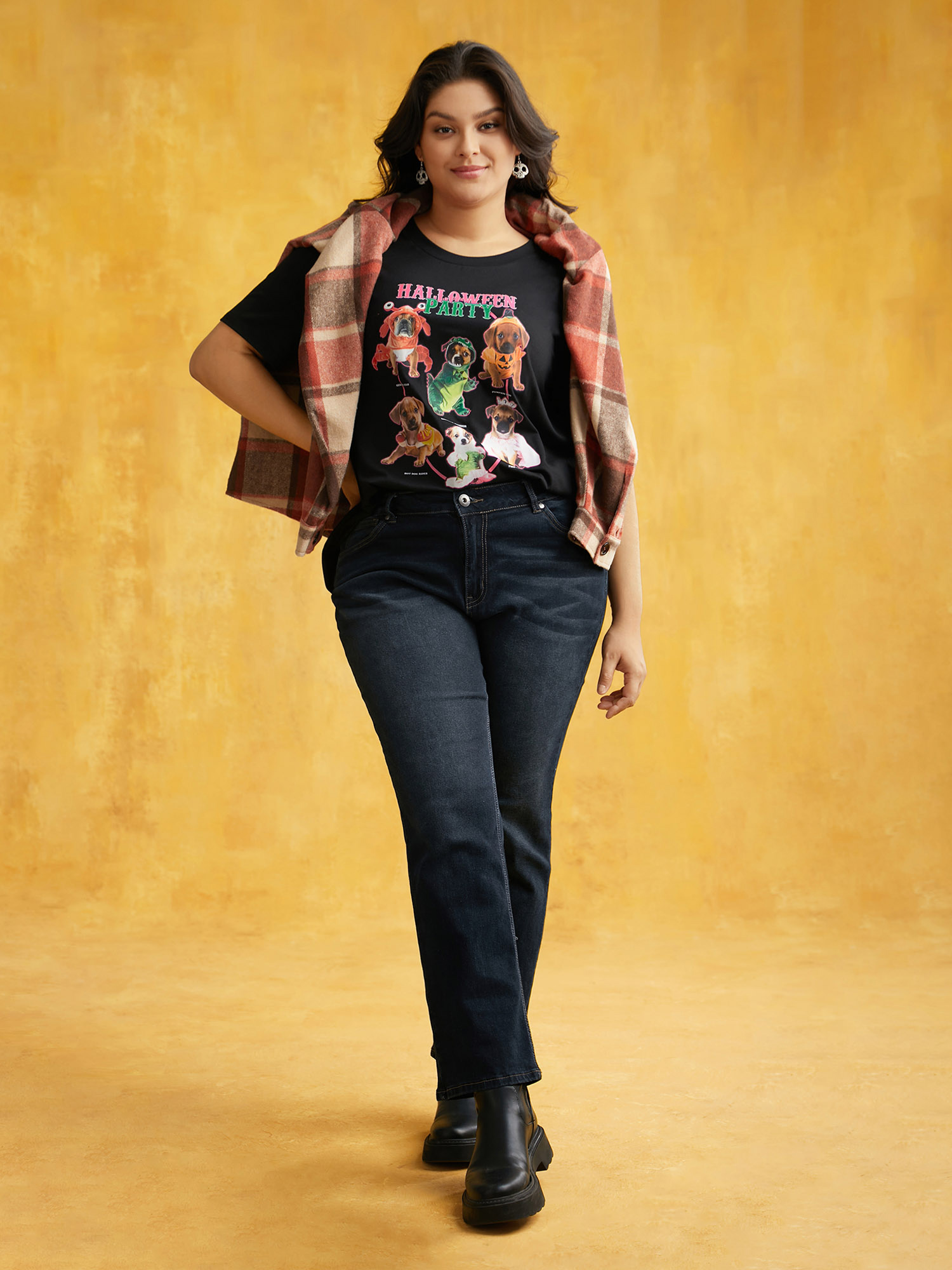 Plus Size Party Puppies Printed Slim-Fit T-shirt Black Women Casual Non Animals Round Neck Everyday T-shirts BloomChic 10/M 