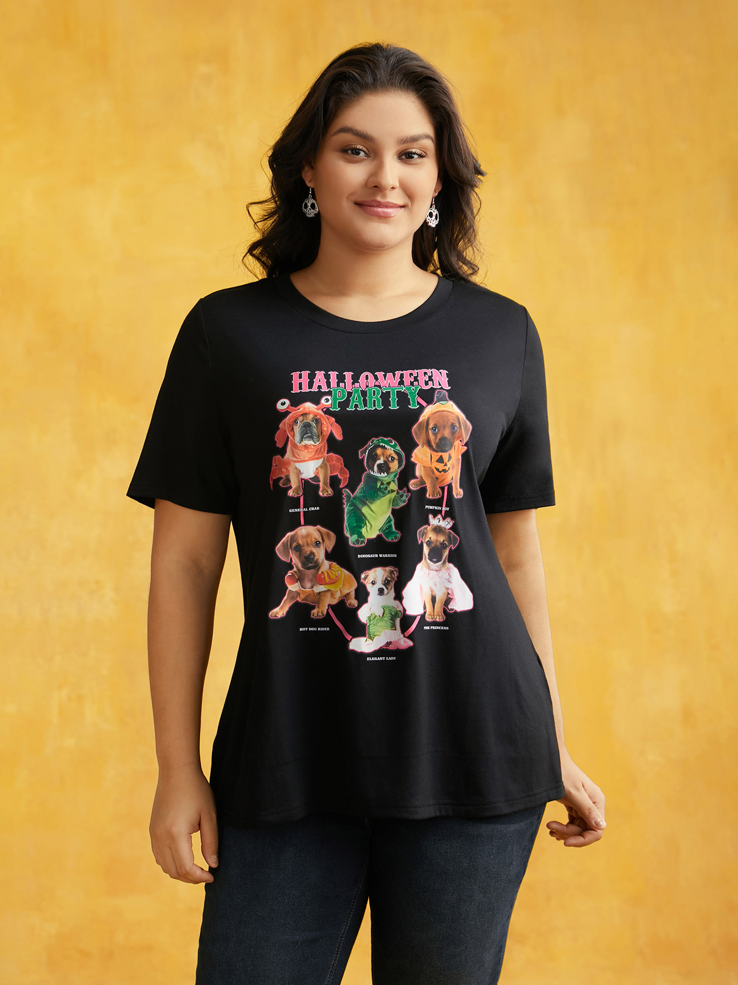Plus Size Party Puppies Printed Slim-Fit T-shirt Black Women Casual Non Animals Round Neck Everyday T-shirts BloomChic 10/M 