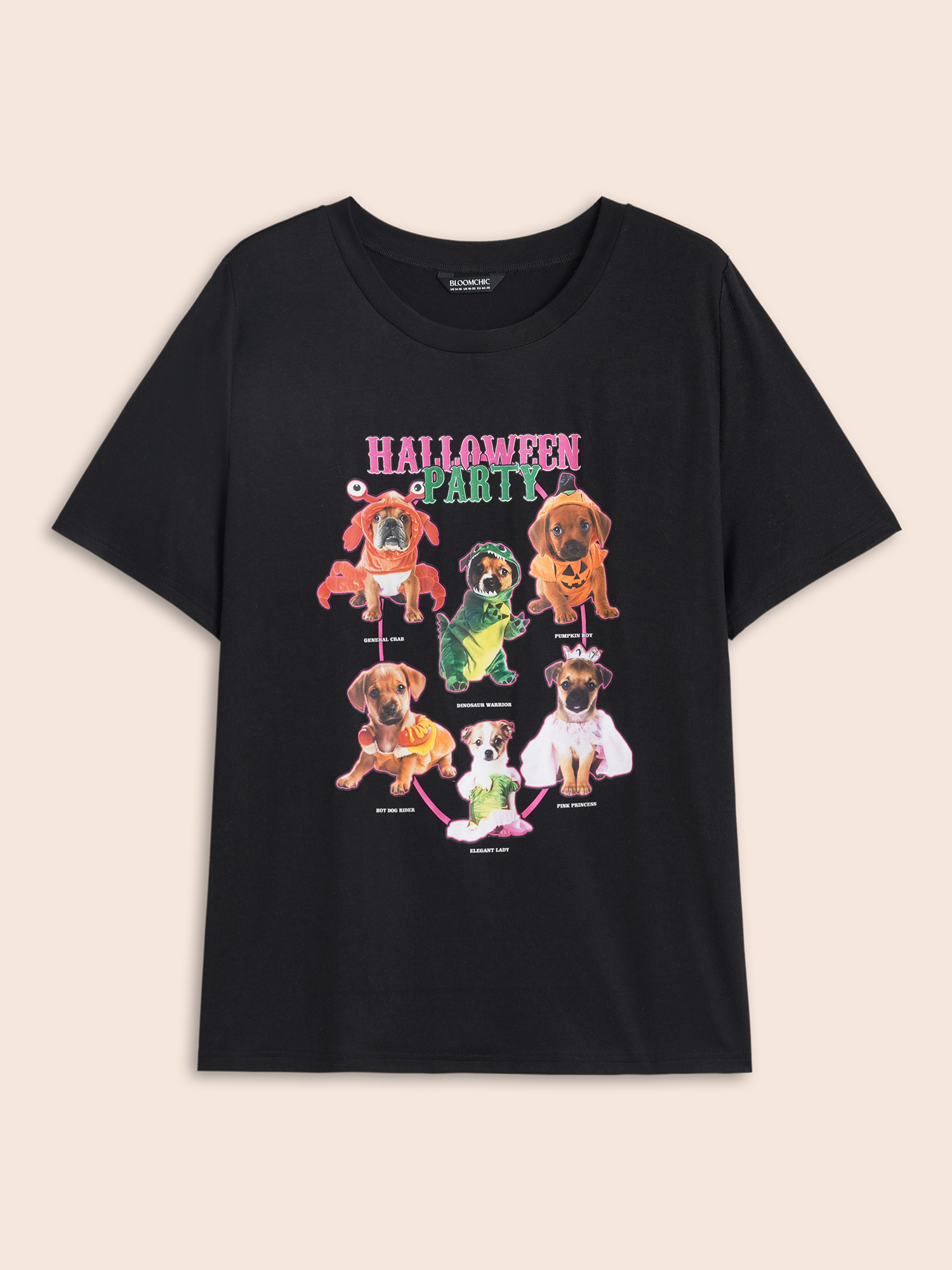 Plus Size Party Puppies Printed Slim-Fit T-shirt Black Women Casual Non Animals Round Neck Everyday T-shirts BloomChic 10/M 