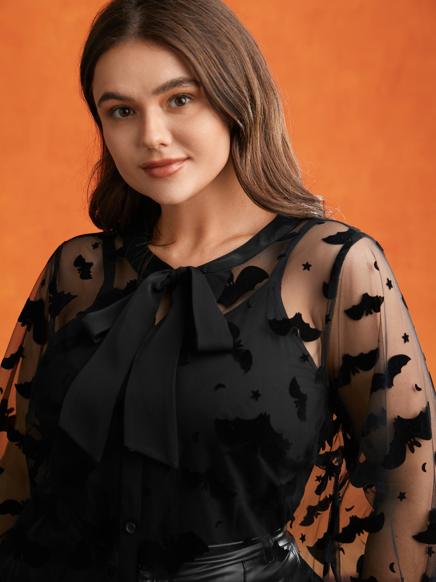 Plus Size Black Bats & Bows Ribbon Collar Blouse Women Elegant Long Sleeve Ribbon-tied collar Everyday Blouses BloomChic 14-16/1X 