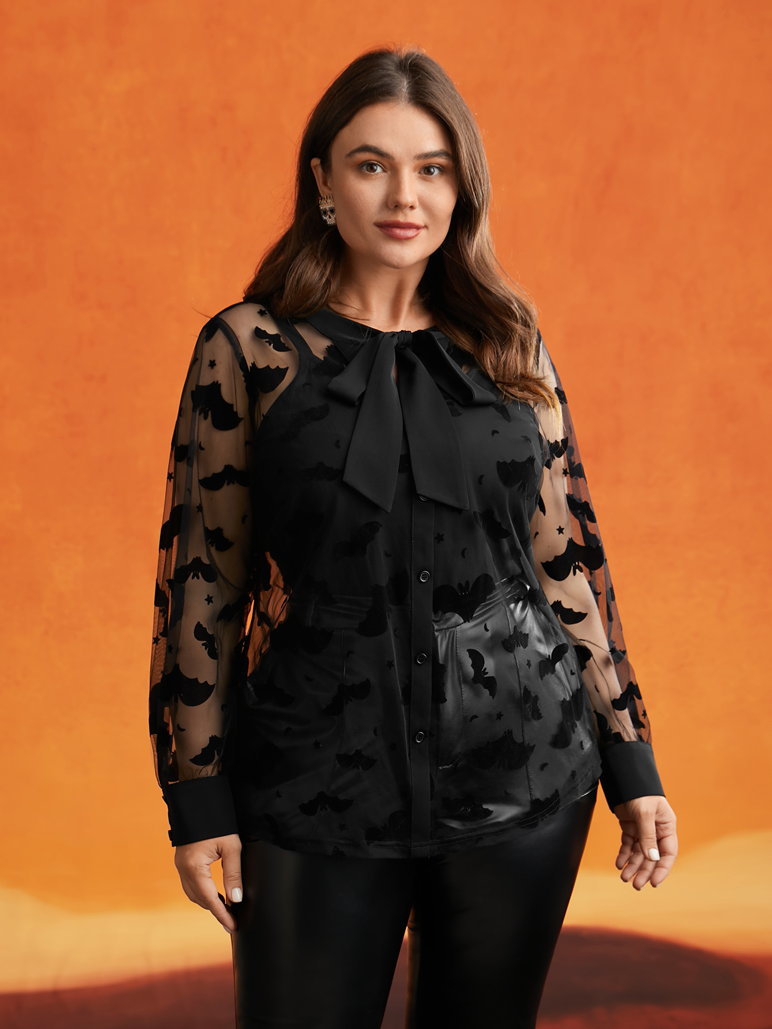 Plus Size Black Bats & Bows Ribbon Collar Blouse Women Elegant Long Sleeve Ribbon-tied collar Everyday Blouses BloomChic 14-16/1X 