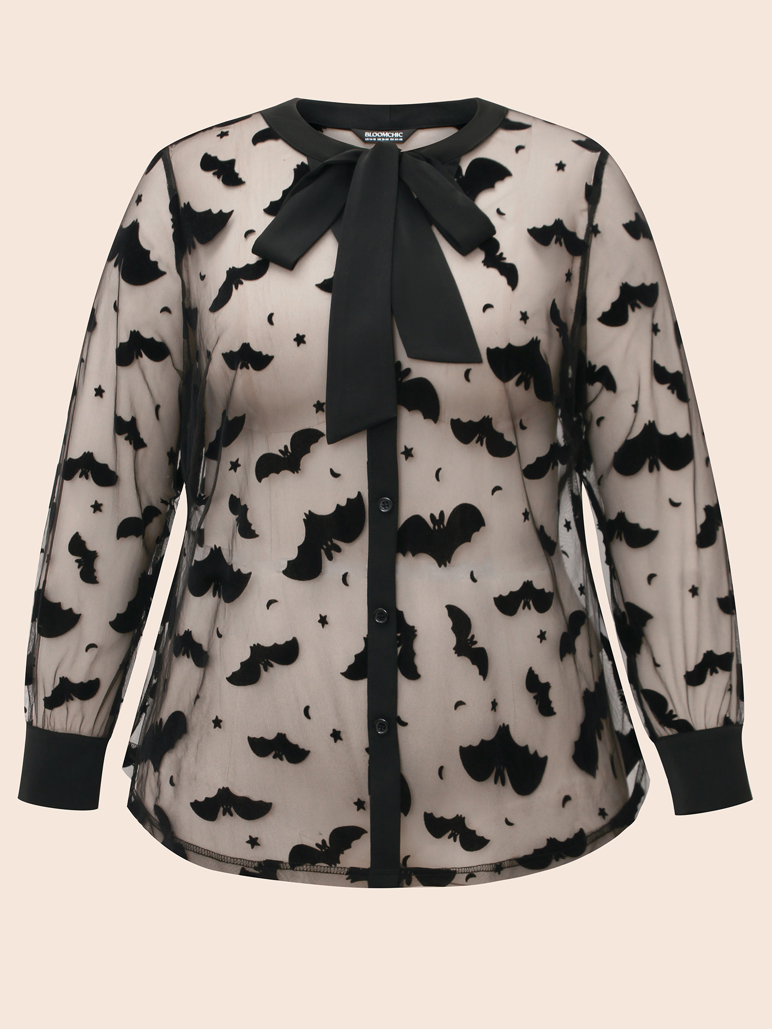 Plus Size Black Bats & Bows Ribbon Collar Blouse Women Elegant Long Sleeve Ribbon-tied collar Everyday Blouses BloomChic 14-16/1X 