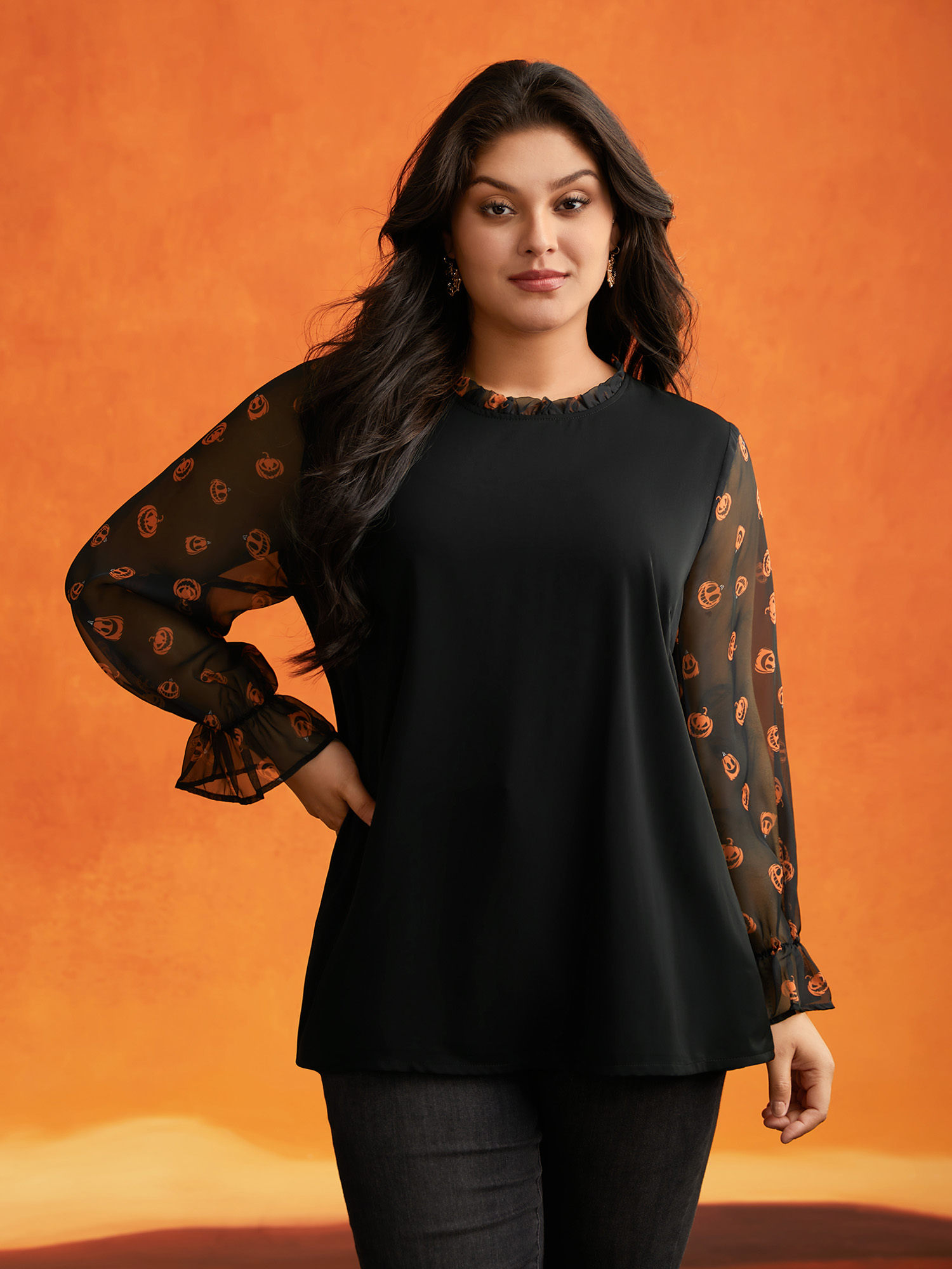 

Plus Size Black Pumpkin Patchwork Printed Sleeves Blouse Women Elegant Long Sleeve Stand-up collar Everyday Blouses BloomChic