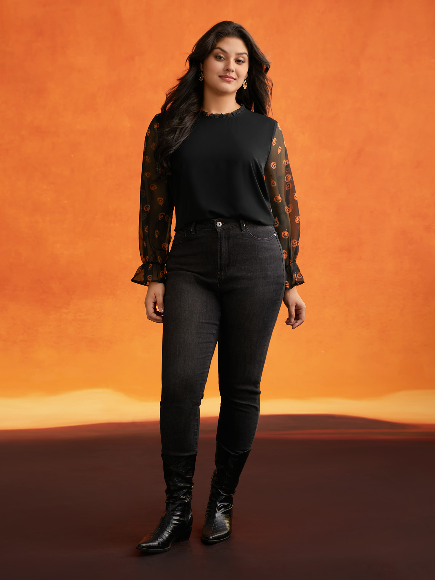 Plus Size Black Pumpkin Patchwork Printed Sleeves Blouse Women Elegant Long Sleeve Stand-up collar Everyday Blouses BloomChic 26/4X 