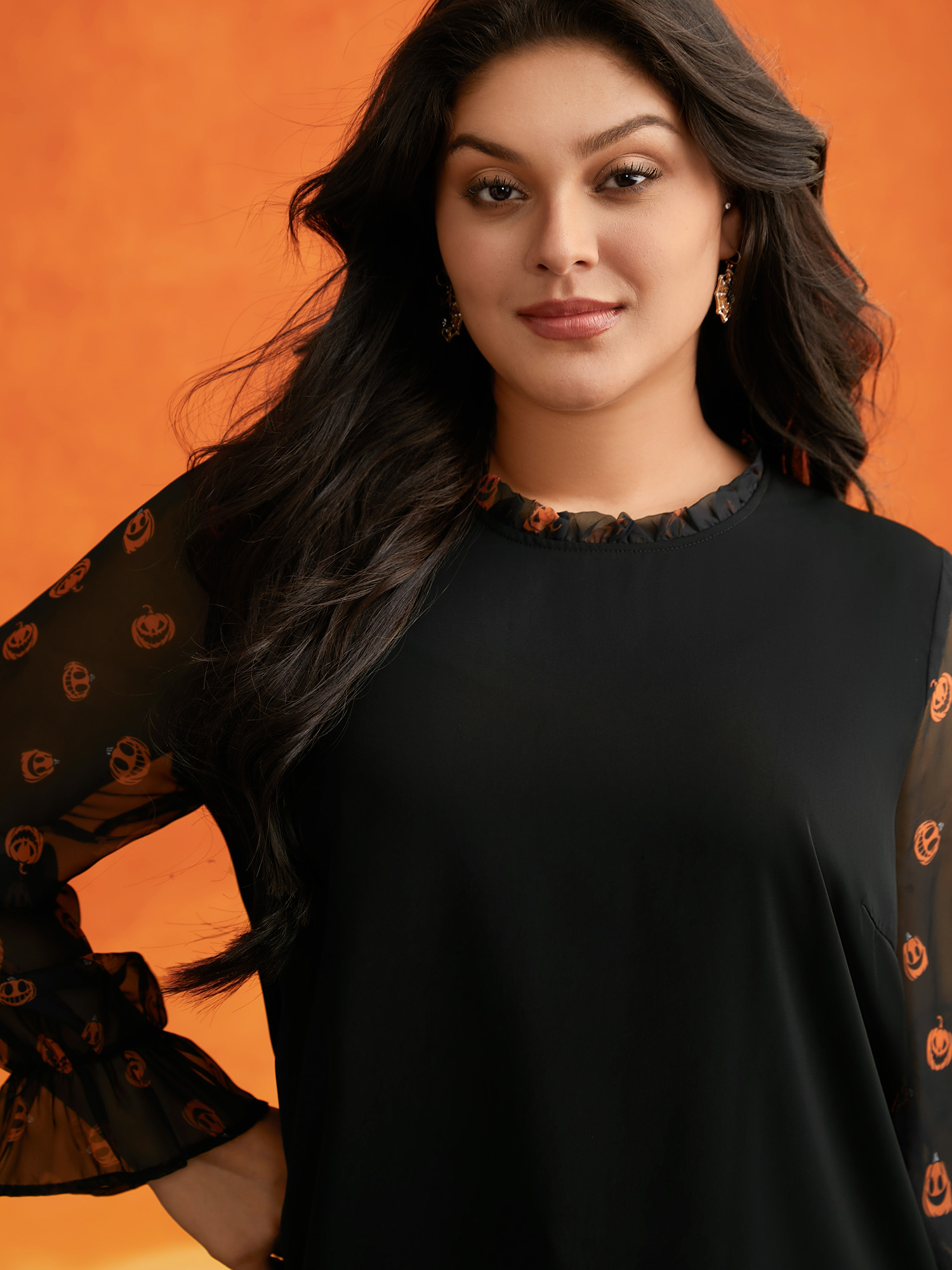 Plus Size Black Pumpkin Patchwork Printed Sleeves Blouse Women Elegant Long Sleeve Stand-up collar Everyday Blouses BloomChic 26/4X 