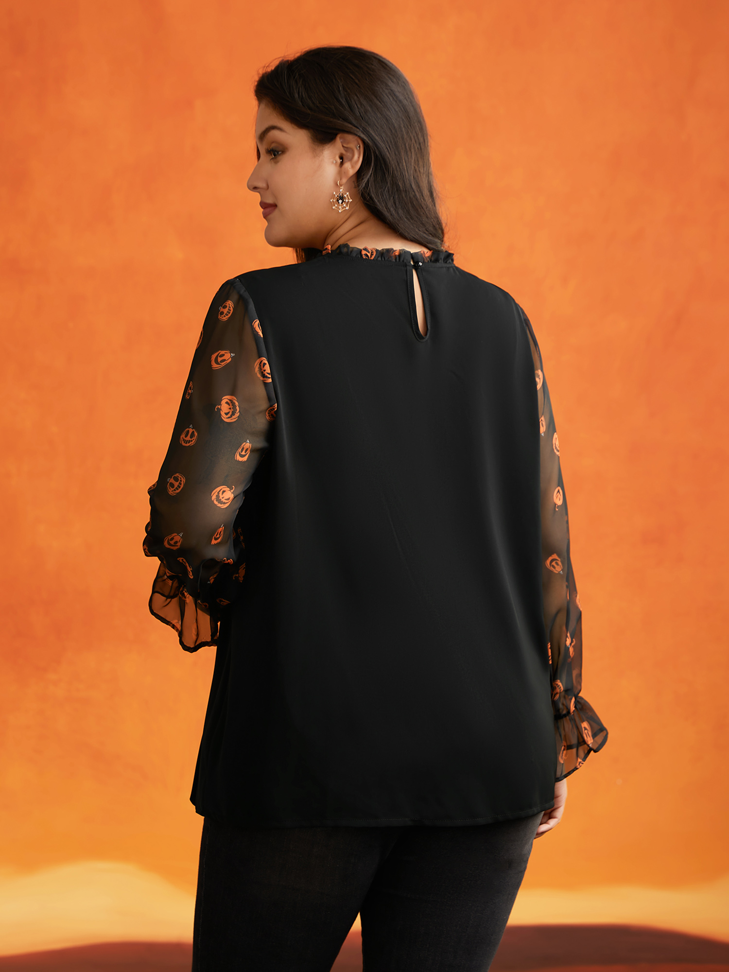 

Plus Size Black Pumpkin Patchwork Printed Sleeves Blouse Women Elegant Long Sleeve Stand-up collar Everyday Blouses BloomChic