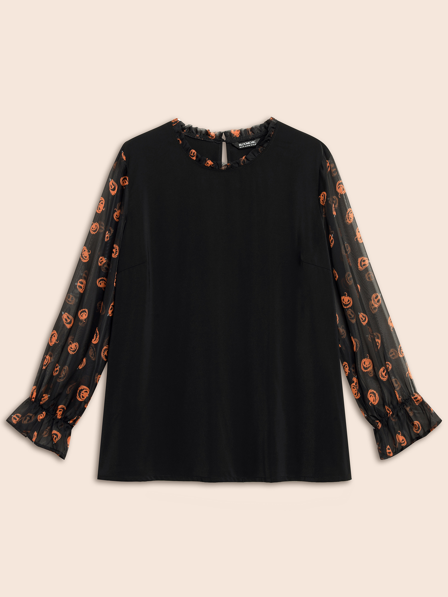 Plus Size Black Pumpkin Patchwork Printed Sleeves Blouse Women Elegant Long Sleeve Stand-up collar Everyday Blouses BloomChic 26/4X 