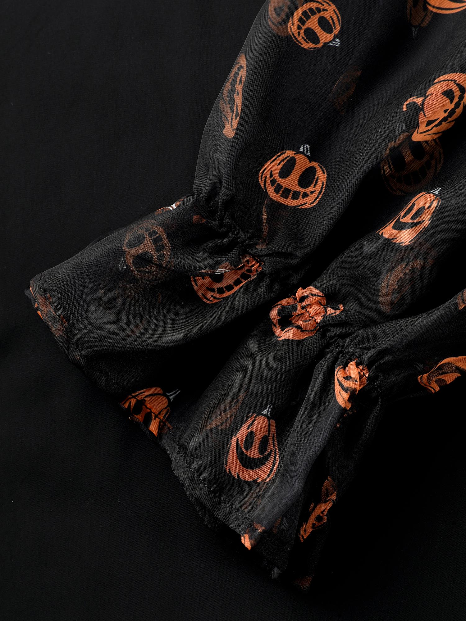 Plus Size Black Pumpkin Patchwork Printed Sleeves Blouse Women Elegant Long Sleeve Stand-up collar Everyday Blouses BloomChic 26/4X 