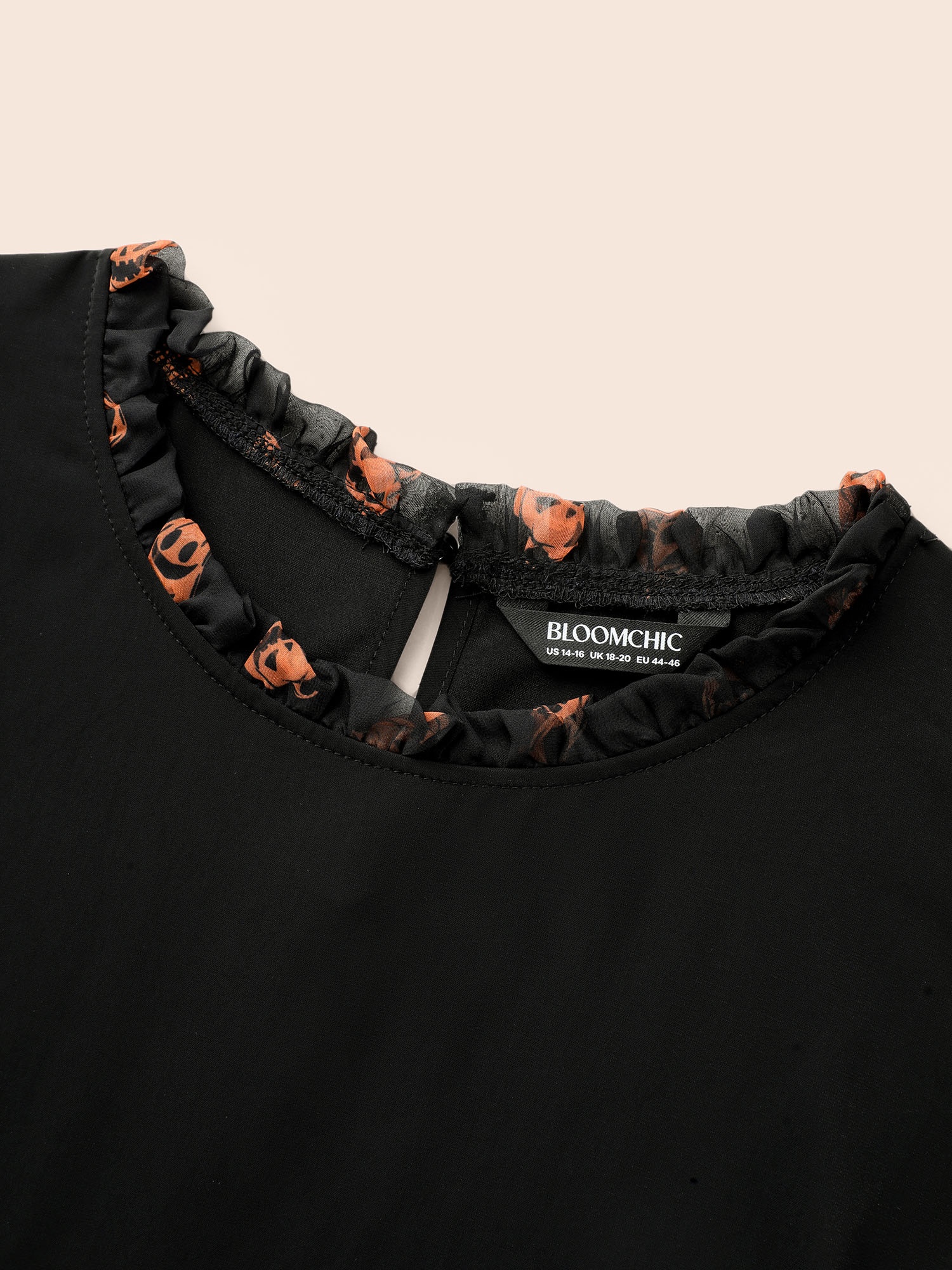 Plus Size Black Pumpkin Patchwork Printed Sleeves Blouse Women Elegant Long Sleeve Stand-up collar Everyday Blouses BloomChic 26/4X 