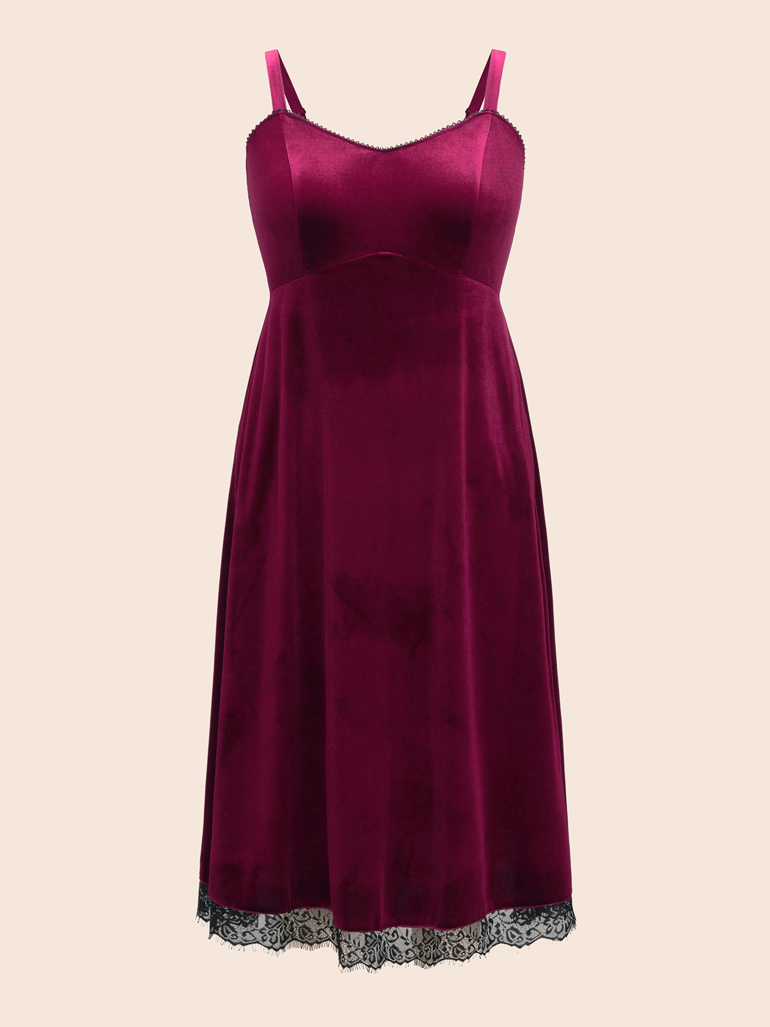 

Plus Size Cami Velvet Fitted Waist Maxi Dress Burgundy Women Cocktail Woven ribbon&lace trim Party Curvy Bloomchic