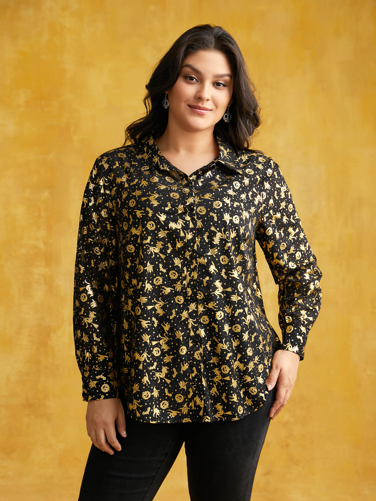 

Plus Size Hot Stamped Golden Gleam Shirt Black Long Sleeve Shirt collar Formal Shirts