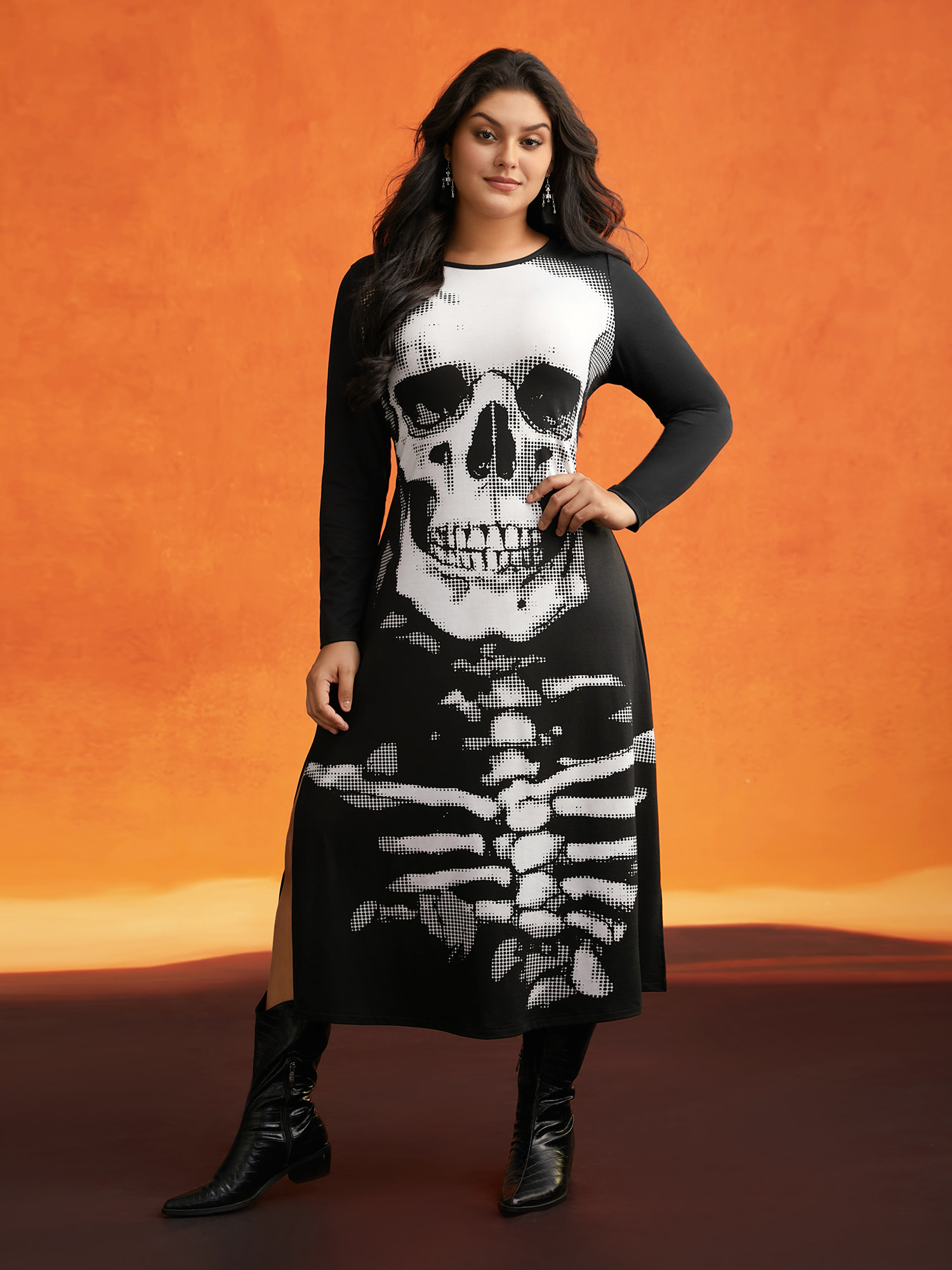 

Plus Size Stretchy Skull Knit Printed Midi Dress Black Women Cocktail Slit Party Curvy Bloomchic