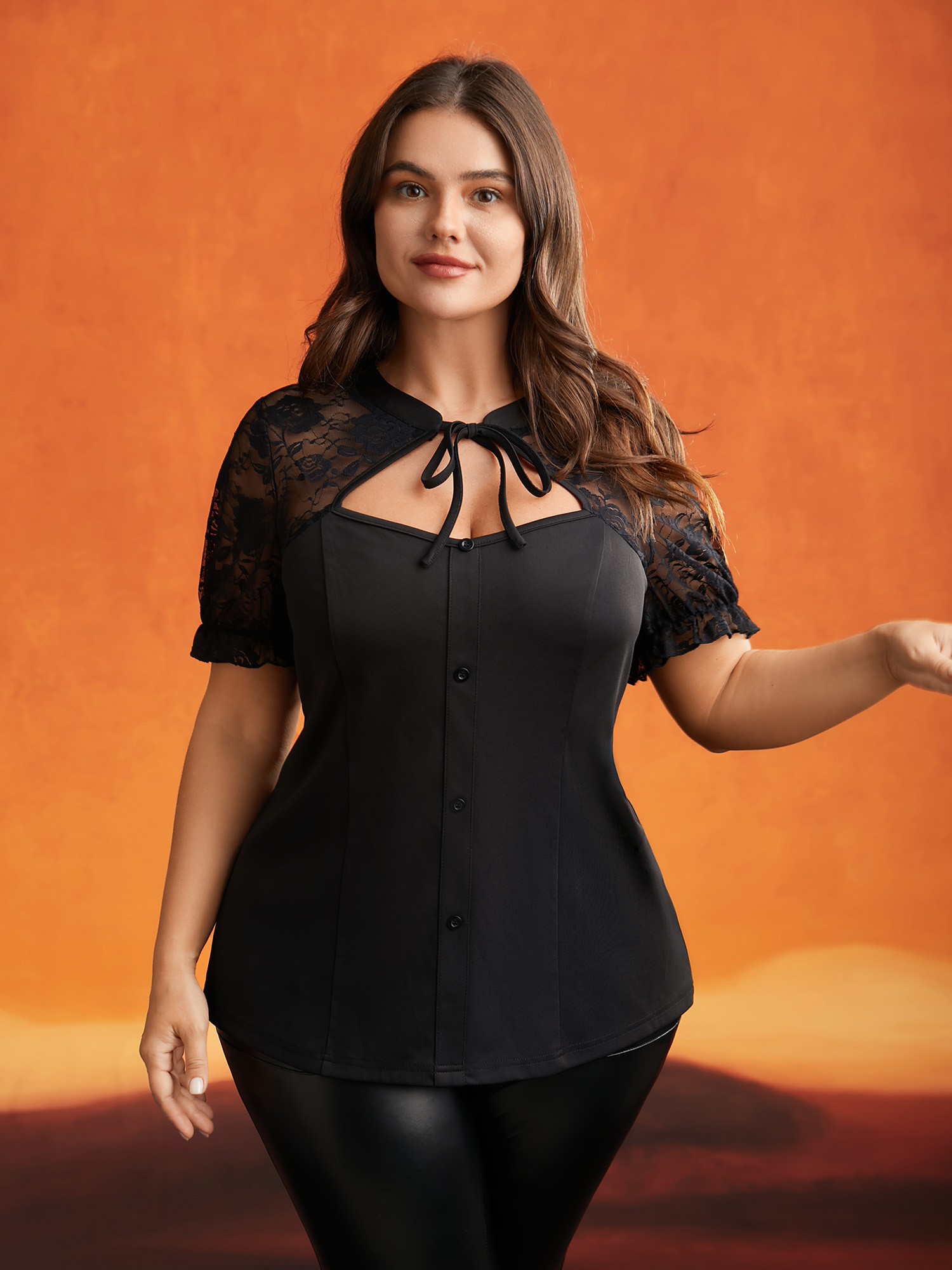 

Plus Size Black Lace Tie Cutout Neck Mesh Blouse Women Elegant Short sleeve Round Neck Everyday Blouses BloomChic