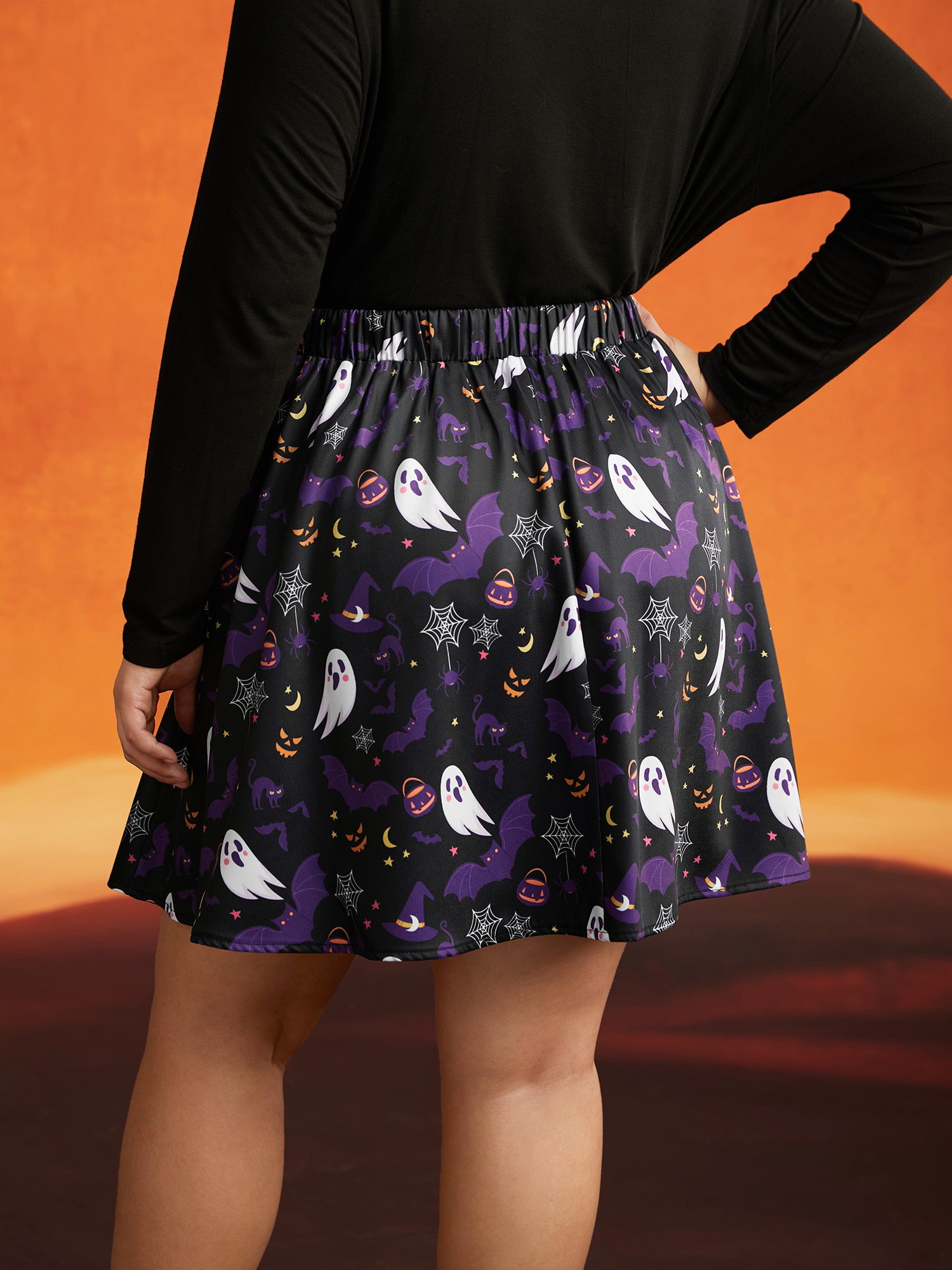 Plus Size Spooky Ghost Printed A-Line Mini Skirt Women Black Cocktail Contrast No stretch Slanted pocket Party Skirts BloomChic 10/M 