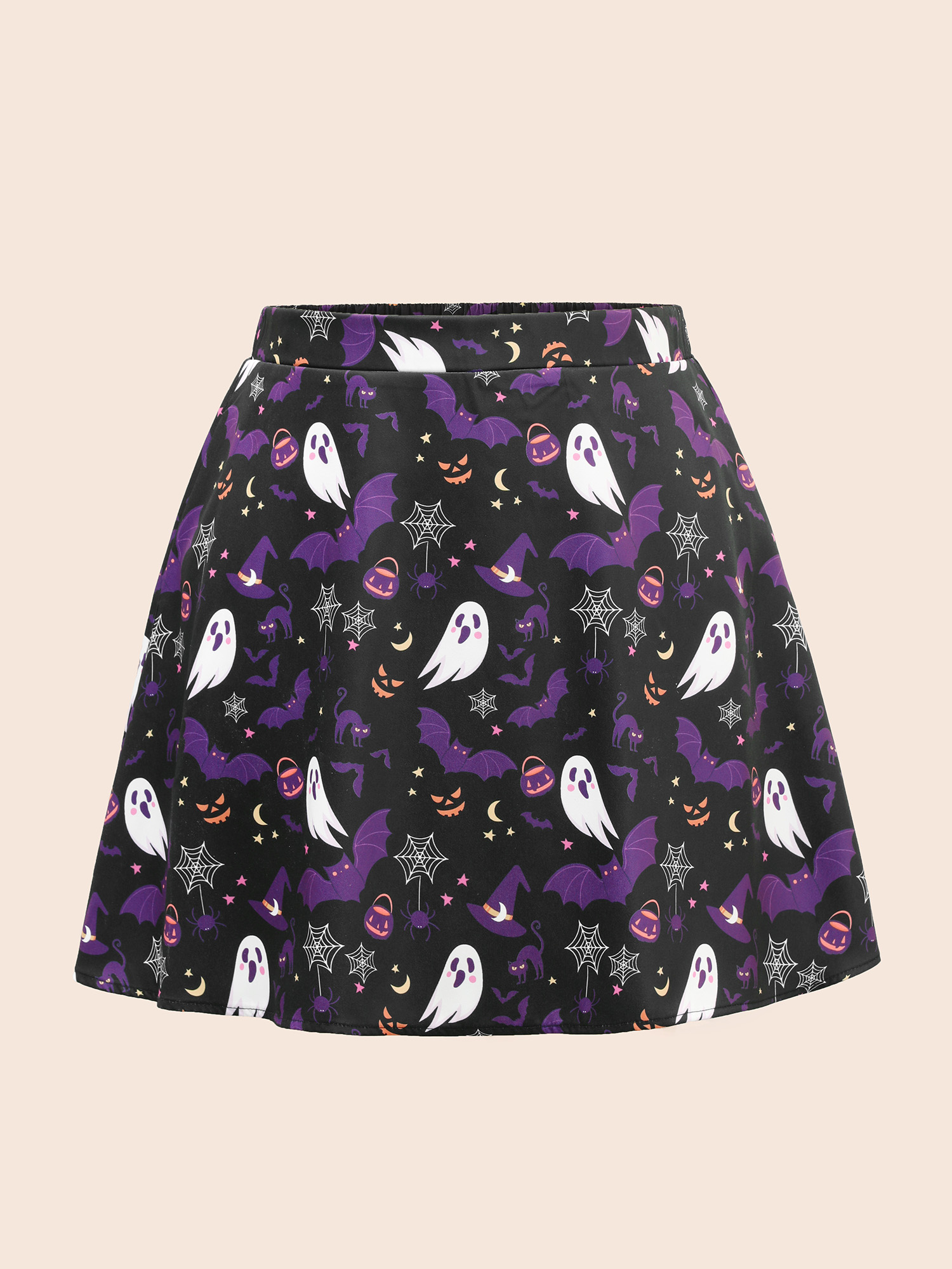 

Plus Size Spooky Ghost Printed A-Line Mini Skirt Women Black Cocktail Contrast No stretch Slanted pocket Party Skirts BloomChic