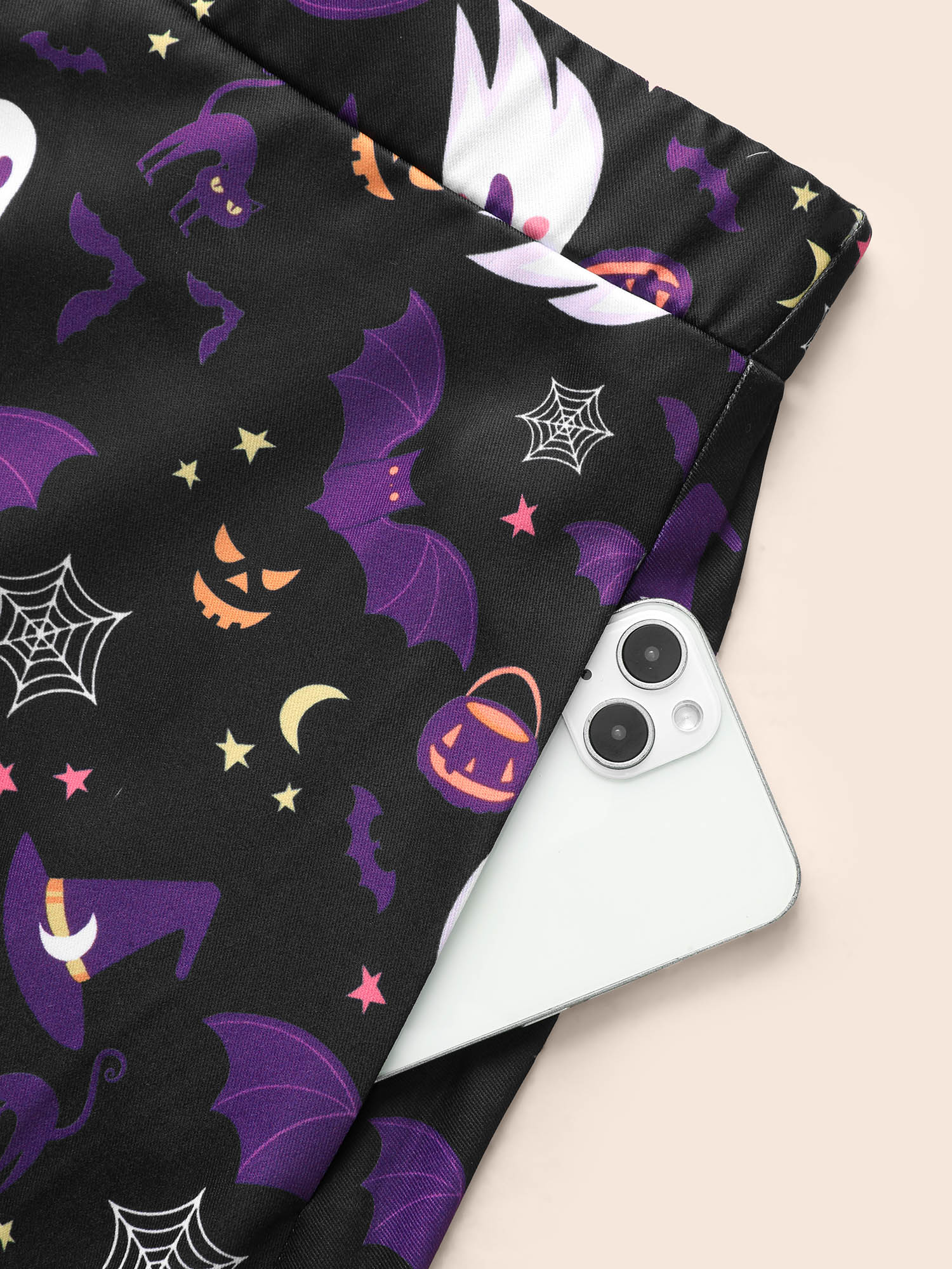 Plus Size Spooky Ghost Printed A-Line Mini Skirt Women Black Cocktail Contrast No stretch Slanted pocket Party Skirts BloomChic 10/M 