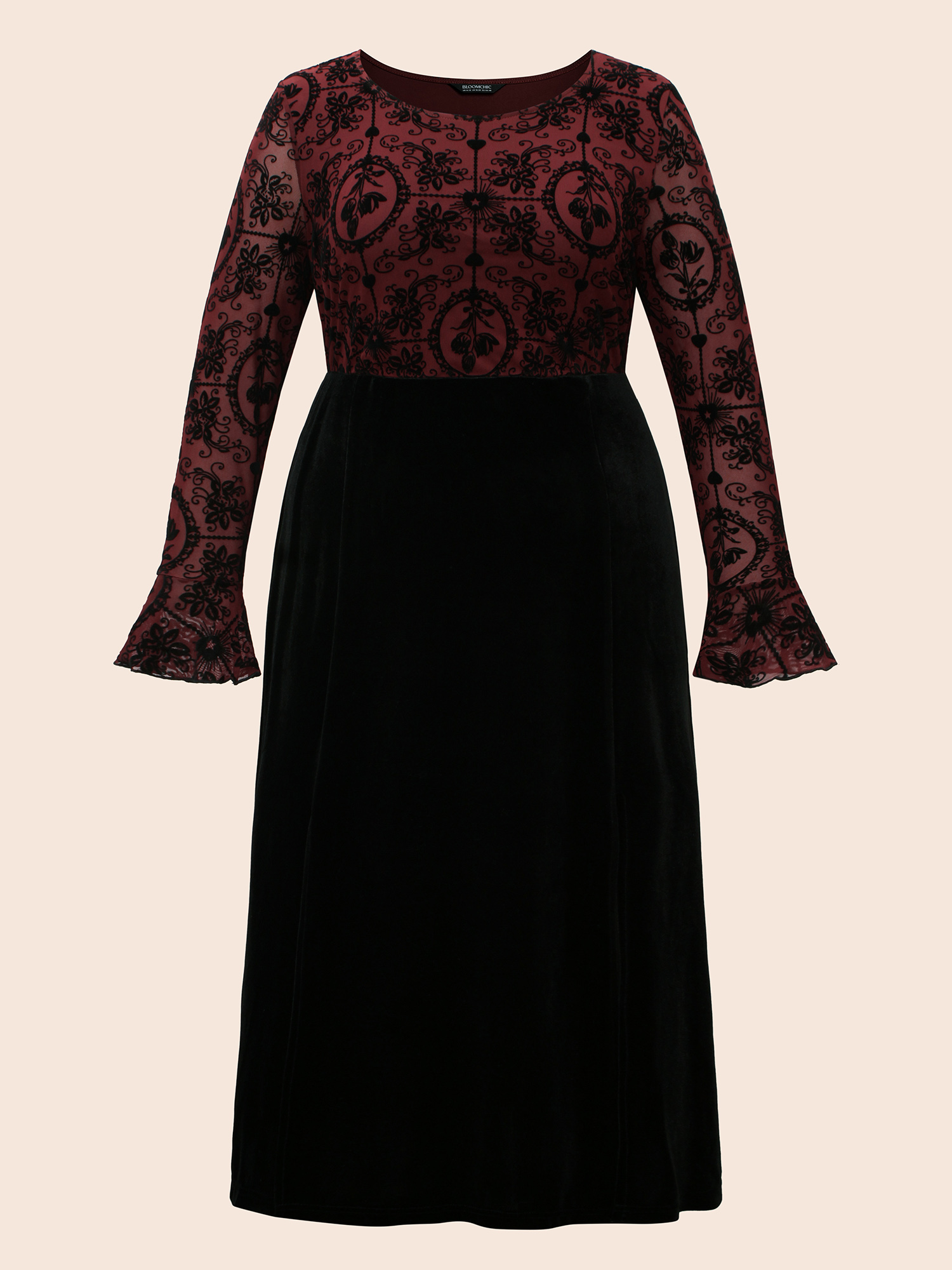 

Plus Size Gothic Flocked Mesh Midi Dress Burgundy Women Cocktail Texture Party Curvy Bloomchic