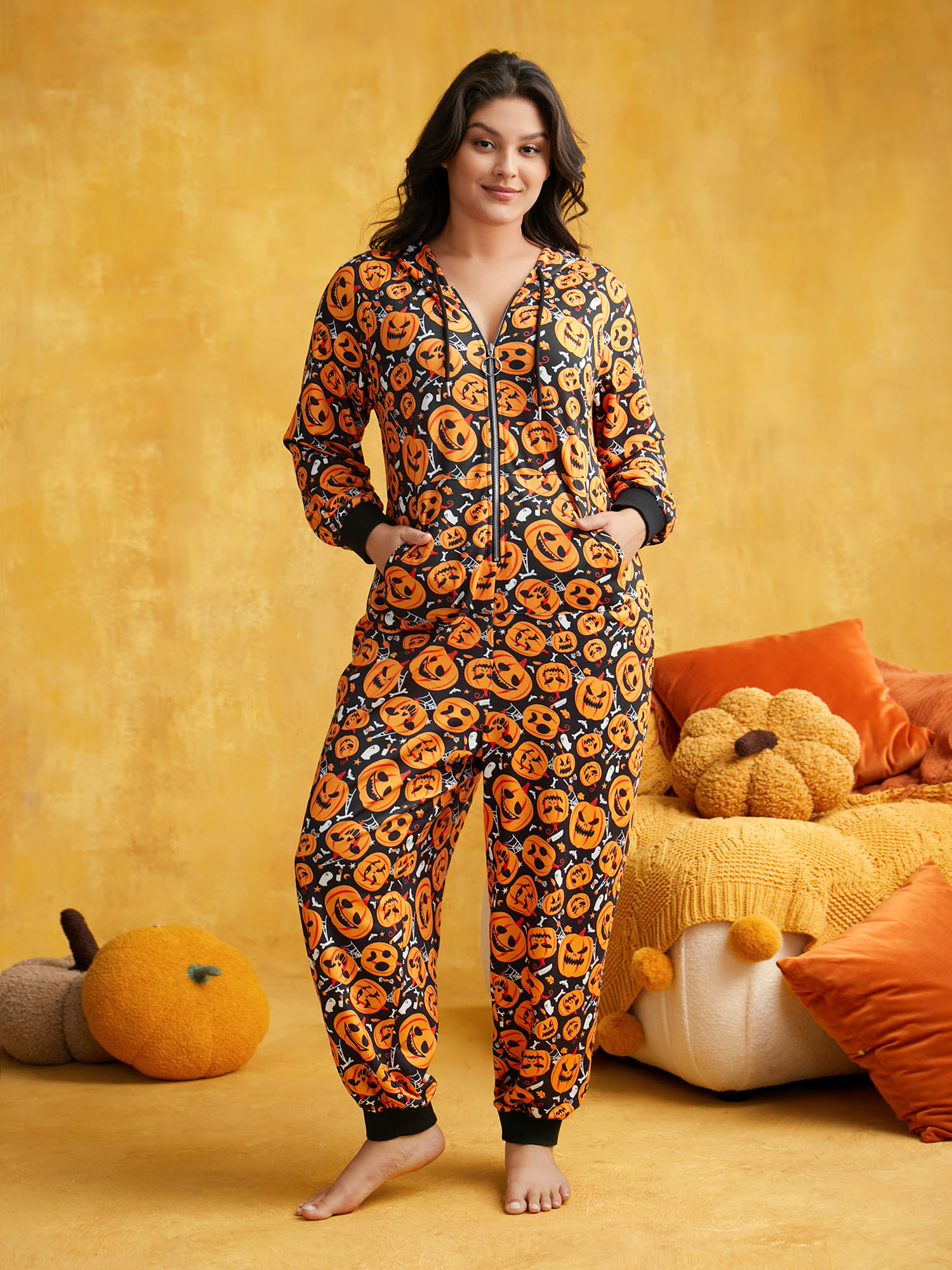 

Plus Size Pumpkin Printed Knit Romper Brightorange Patch pocket Drawstring Everyday Casual Sleep Jumpsuits/Rompers  Bloomchic