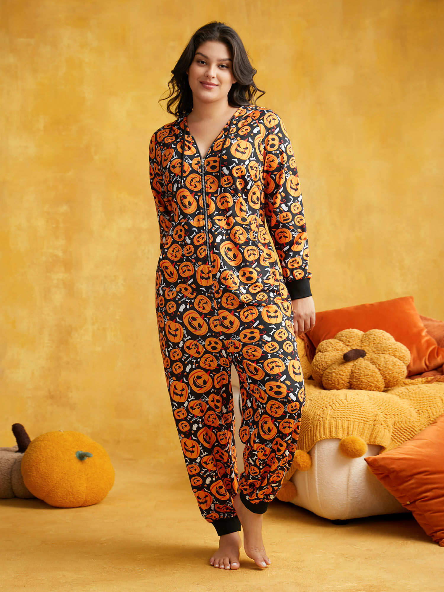 

Plus Size Pumpkin Printed Knit Romper Brightorange Patch pocket Drawstring Everyday Casual Sleep Jumpsuits/Rompers  Bloomchic