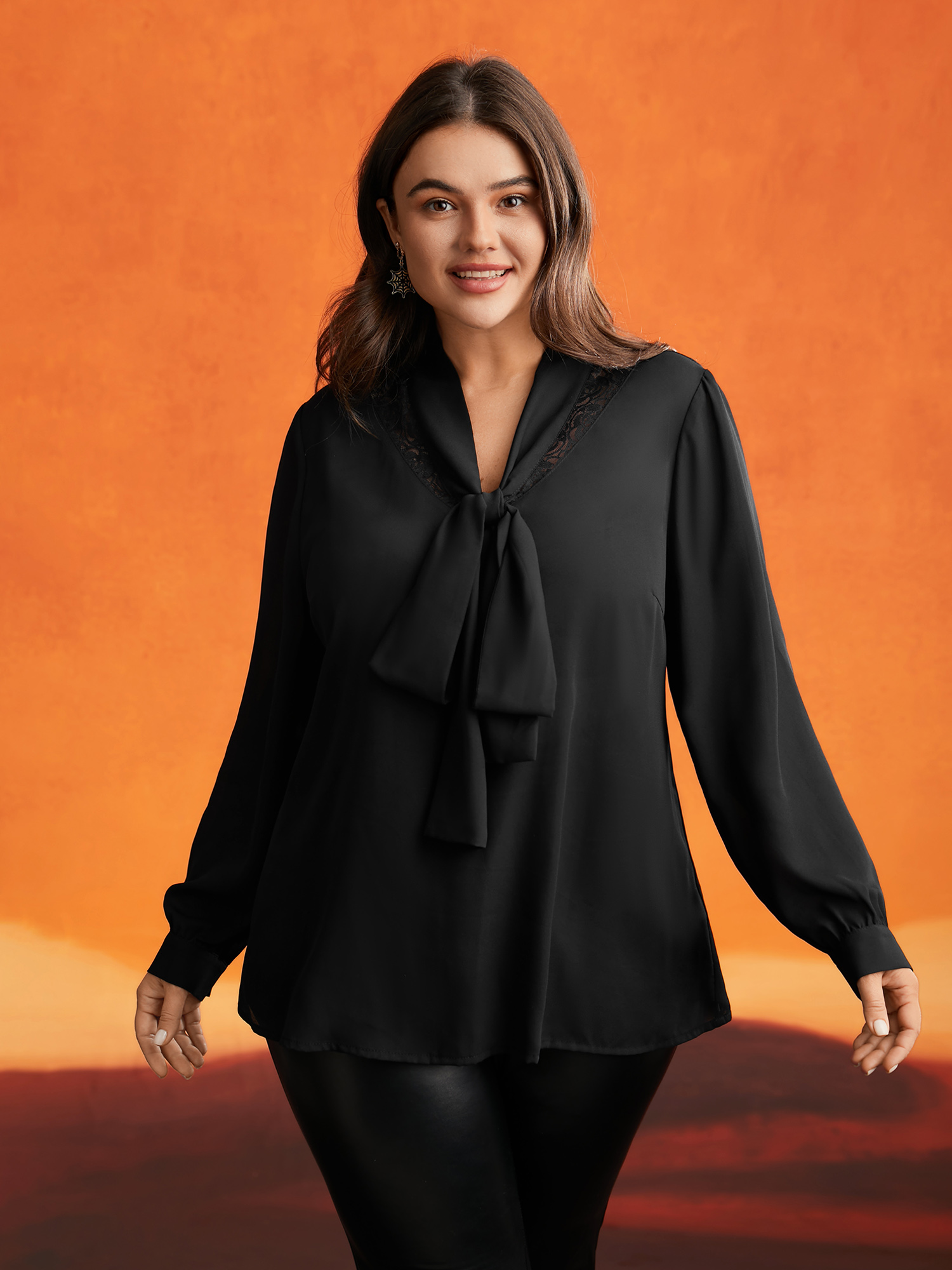 

Plus Size Black Lace-Trimmed Adjustable Ties Blouse Women Elegant Long Sleeve Ribbon-tied collar Everyday Blouses BloomChic