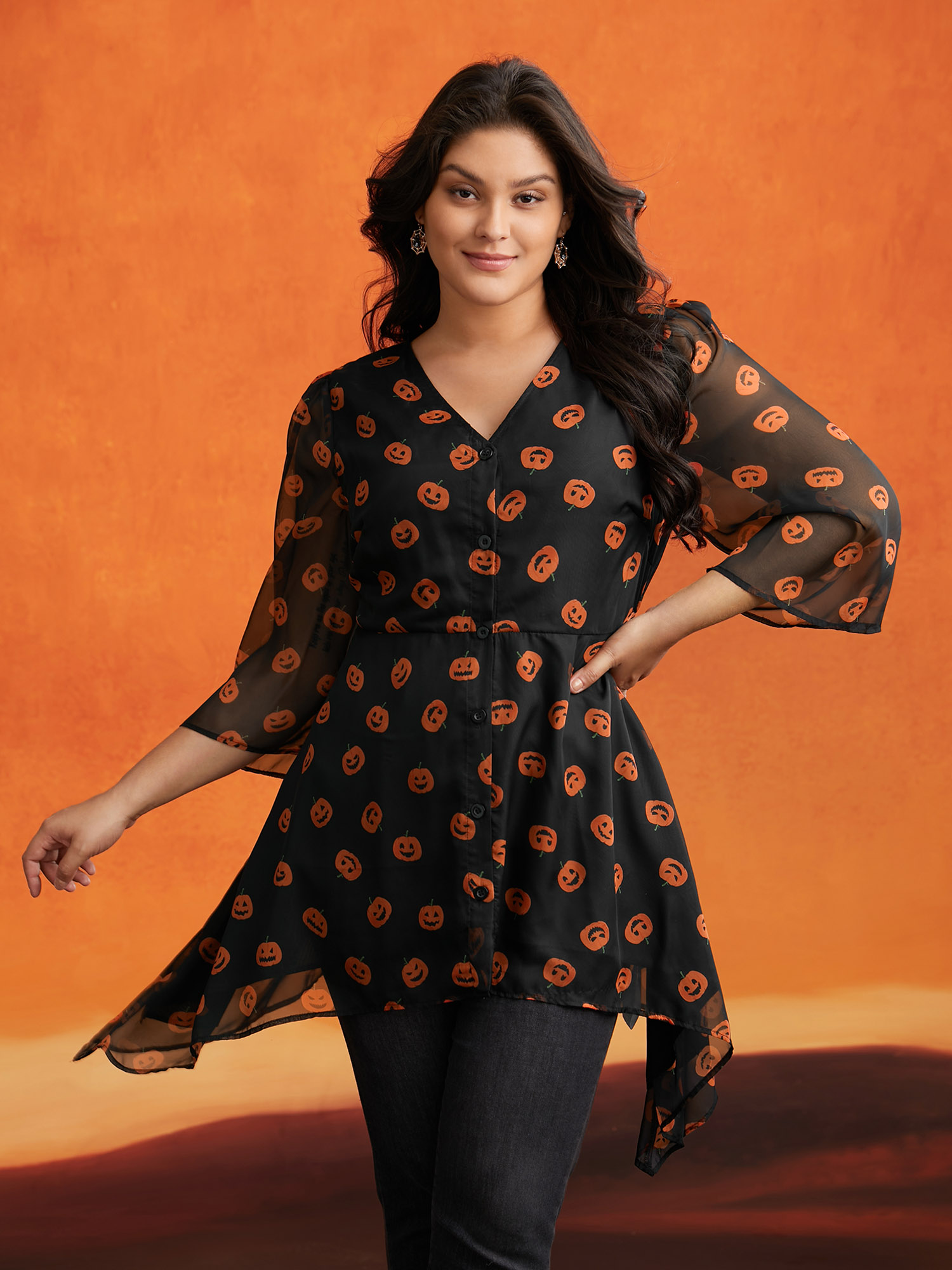 

Plus Size Black Pumpkin Asymmetrical Hem Mesh Blouse Women Elegant Elbow-length sleeve V-neck Everyday Blouses BloomChic