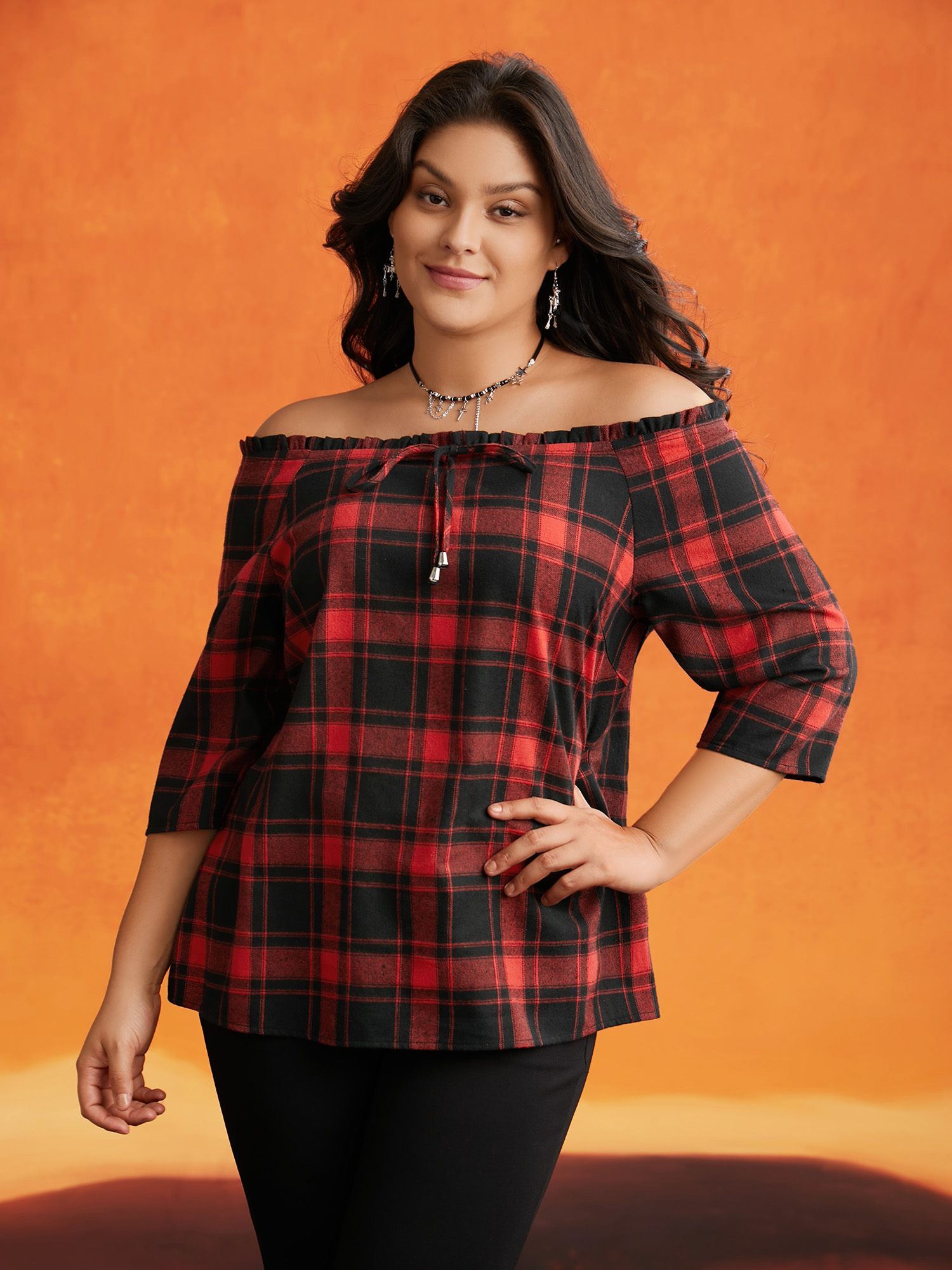 

Plus Size Scarlet Mystic Off-Shoulder Slimming Tie Plaid Blouse Women Elegant Elbow-length sleeve One-shoulder neck Everyday Blouses BloomChic