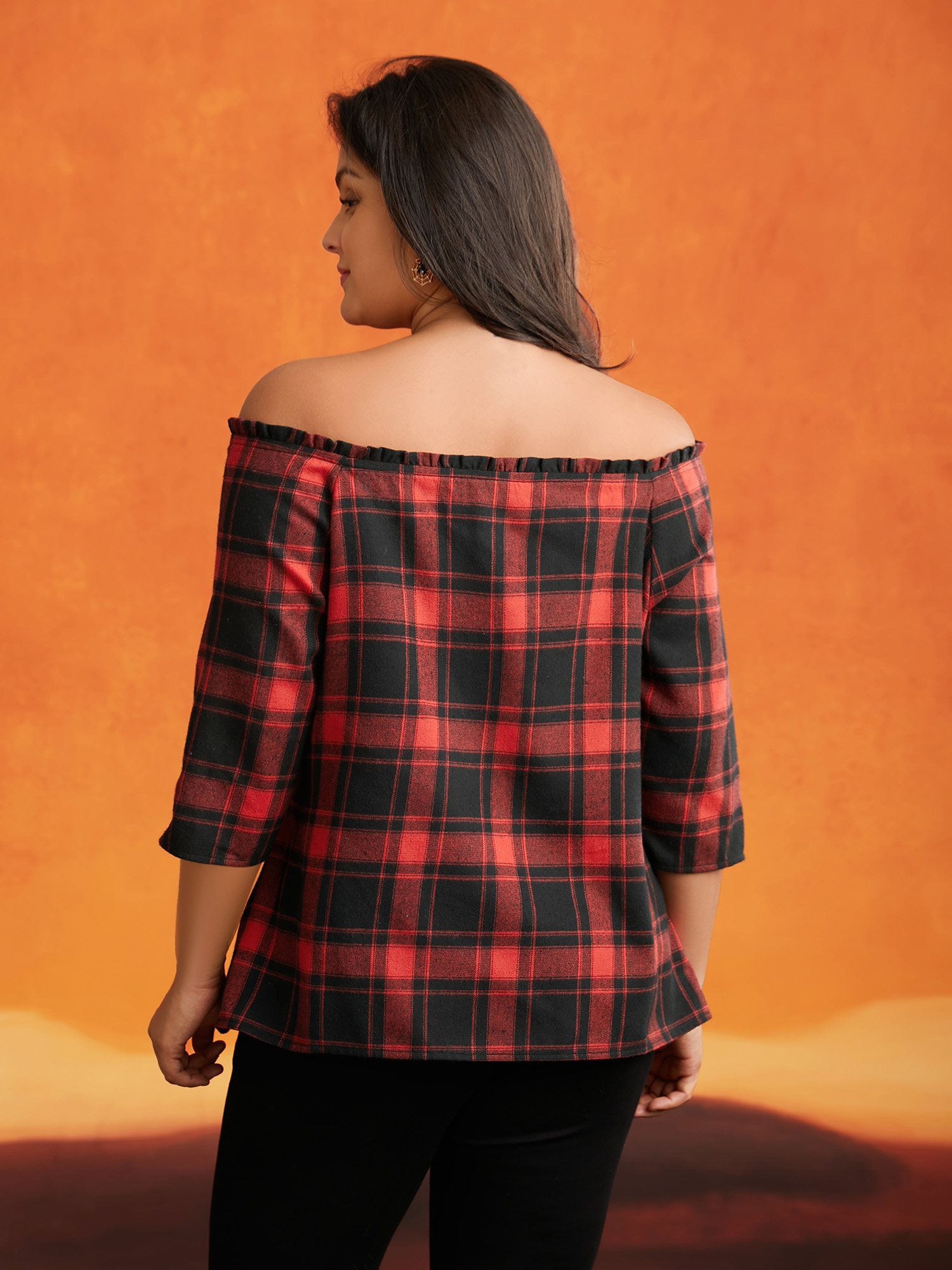 

Plus Size Scarlet Mystic Off-Shoulder Slimming Tie Plaid Blouse Women Elegant Elbow-length sleeve One-shoulder neck Everyday Blouses BloomChic