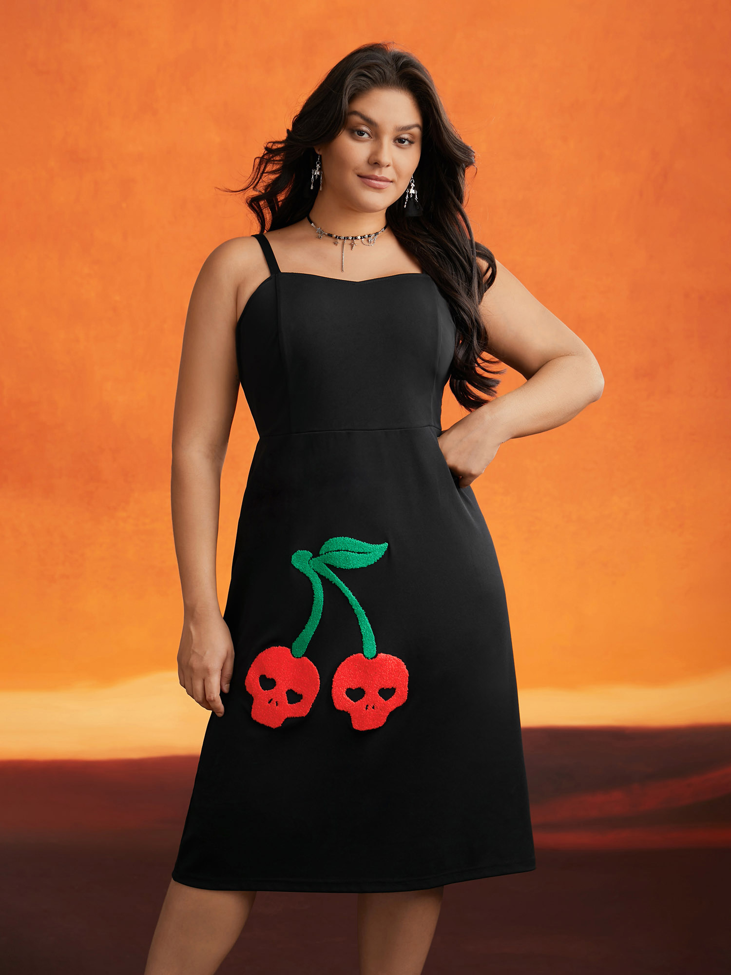 

Cherry Skull Back Adjustable Straps Midi Dress, Black