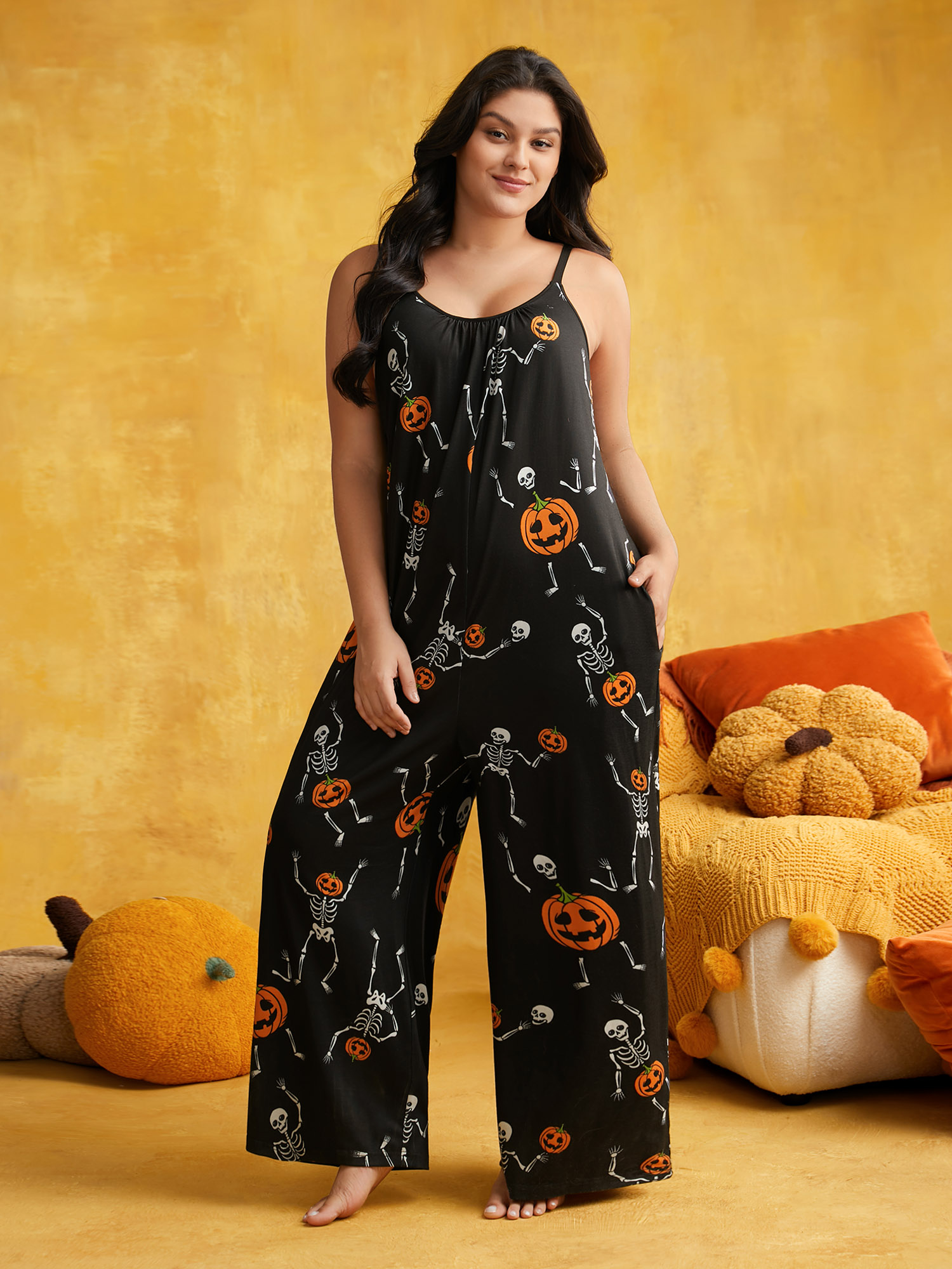 

Plus Size Pumpkin Printed Slim-Fit Lounge Jumpsuit Black  Bloomchic