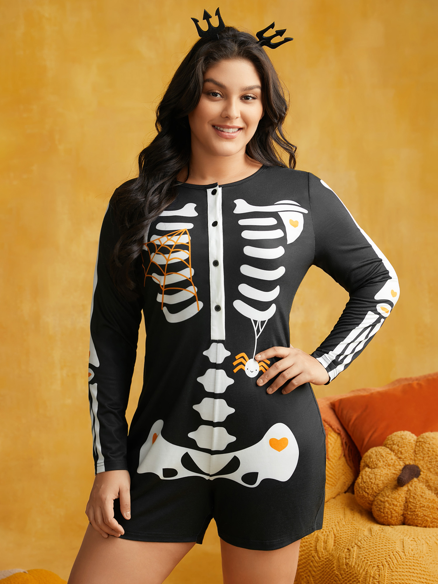 

Plus Size Bone Chilling Skeletal Placket Sleep Jumpsuit Black Button Everyday Casual Sleep Jumpsuits/Rompers  Bloomchic