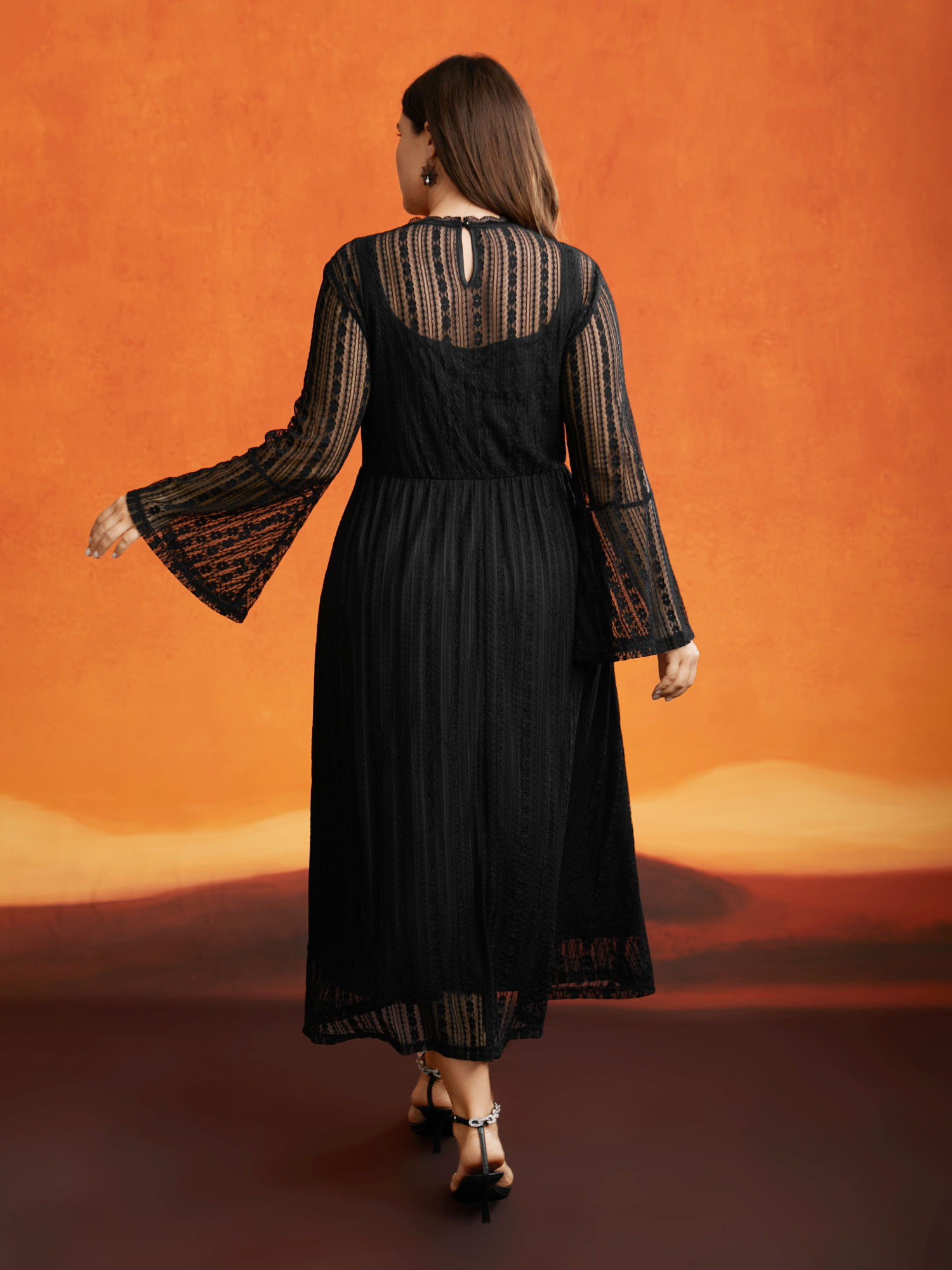 

Plus Size Spellbound Halter Neck Sheer Midi Dress Black Women Cocktail Woven ribbon&lace trim Party Curvy Bloomchic